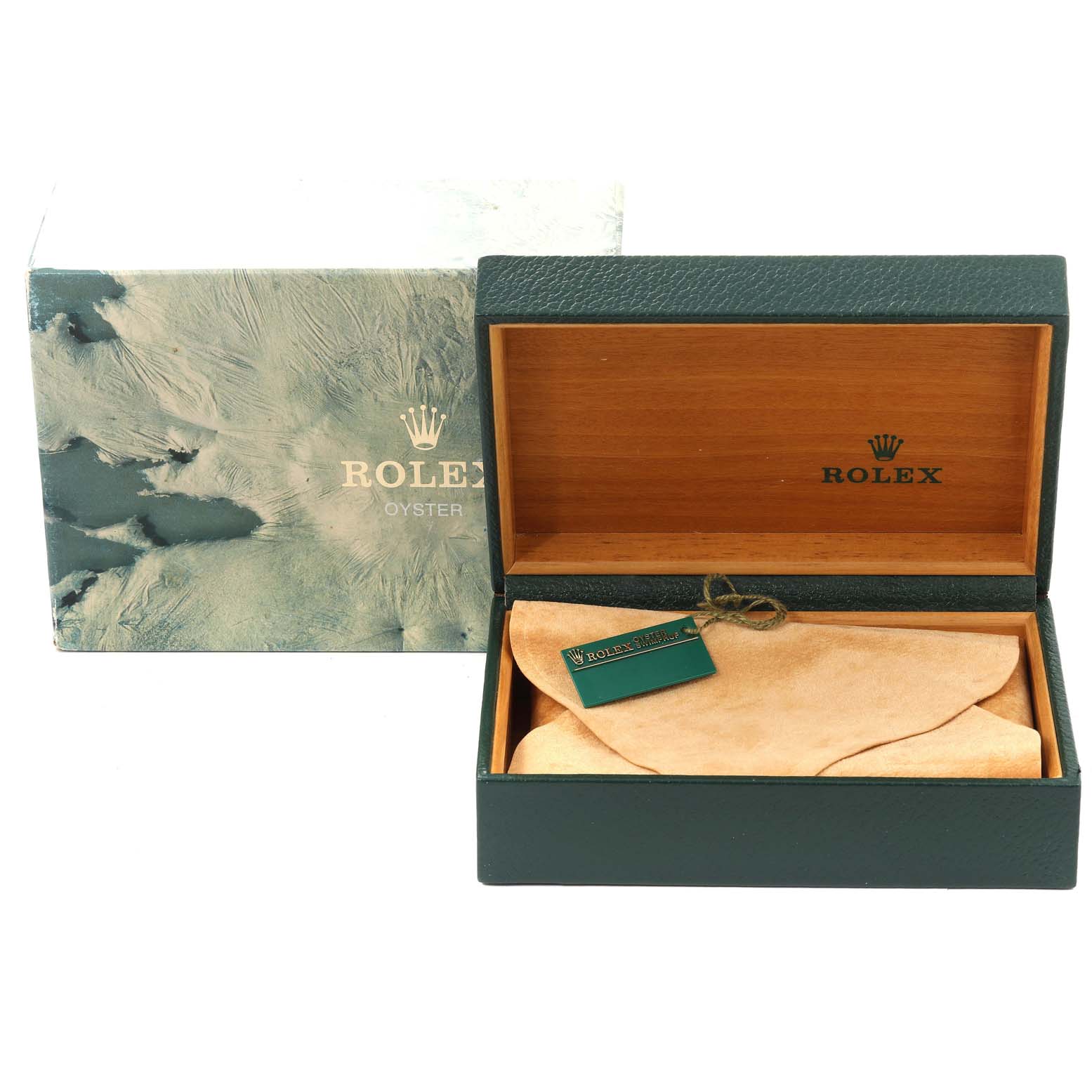 The image shows a Rolex Datejust 16233 Men's Steel and Gold (two tone) Champagne Dial 16233 Men's Steel and Gold (two tone) Champagne Dial watch box and outer packaging, with the inner box open and a suede pouch inside.