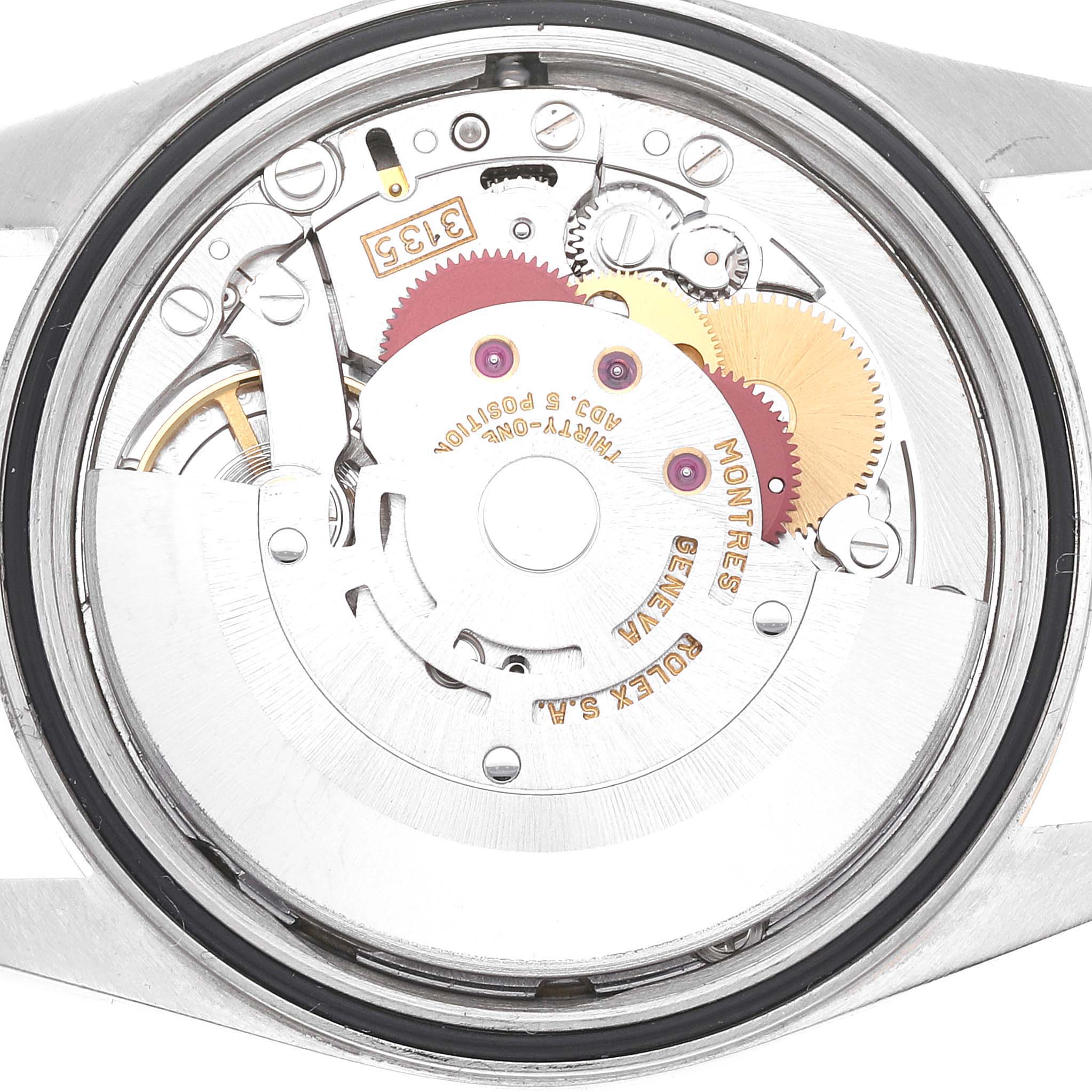 The image shows the internal mechanism of a Rolex Datejust 16233 Men's Steel and Gold (two tone) Champagne Dial 16233 Men's Steel and Gold (two tone) Champagne Dial watch, viewed from the back with its casing removed.