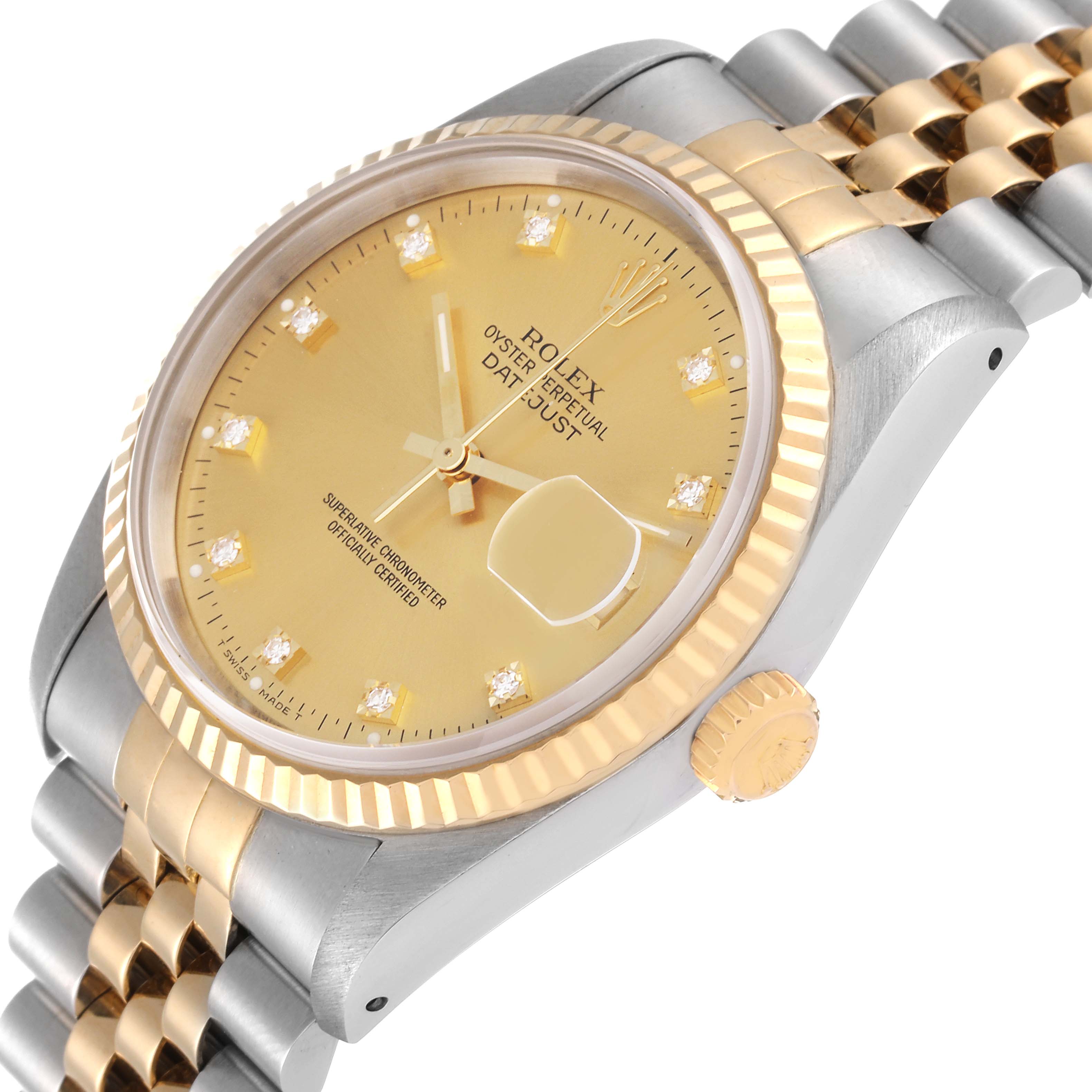 This Rolex Datejust 16233 Men's Steel and Gold (two tone) Champagne Dial 16233 Men's Steel and Gold (two tone) Champagne Dial watch is shown at a slight top-down angle, highlighting its gold dial, two-tone jubilee bracelet, and fluted bezel.