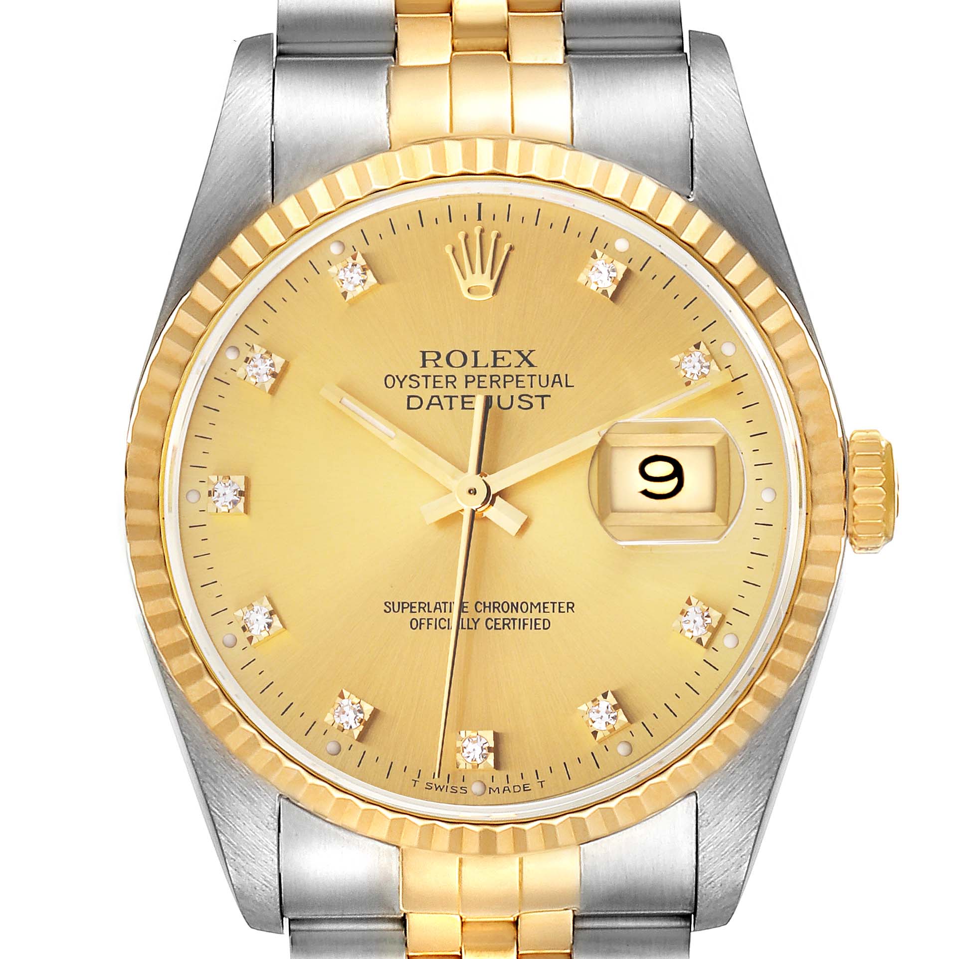 The image shows a frontal view of the Rolex Datejust 16233 Men's Steel and Gold (two tone) Champagne Dial 16233 Men's Steel and Gold (two tone) Champagne Dial watch, highlighting its gold dial, diamond markers, and two-tone bracelet.