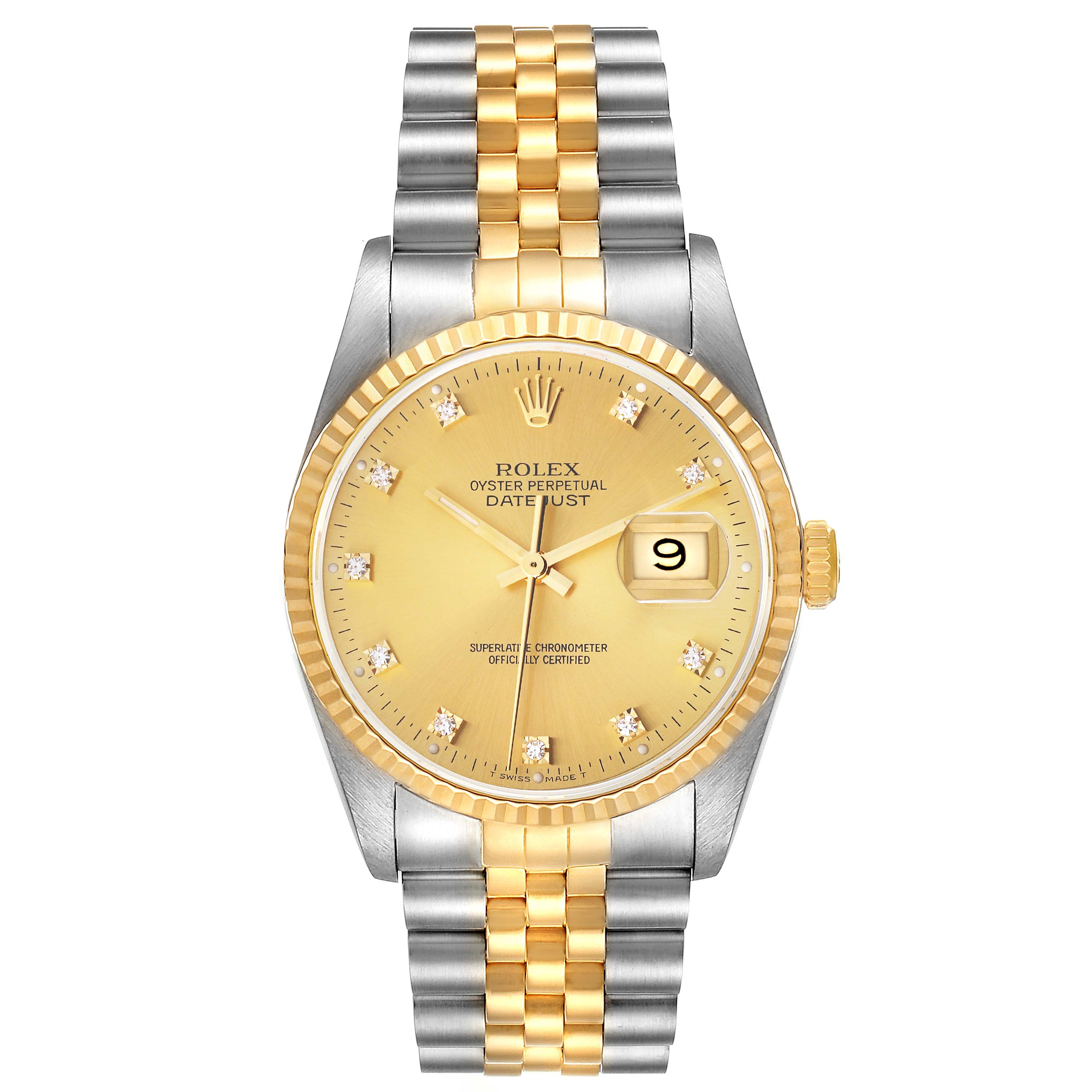 This image shows the front view of a Rolex Datejust 16233 Men's Steel and Gold (two tone) Champagne Dial 16233 Men's Steel and Gold (two tone) Champagne Dial watch, showcasing its dial, bezel, and two-tone bracelet.