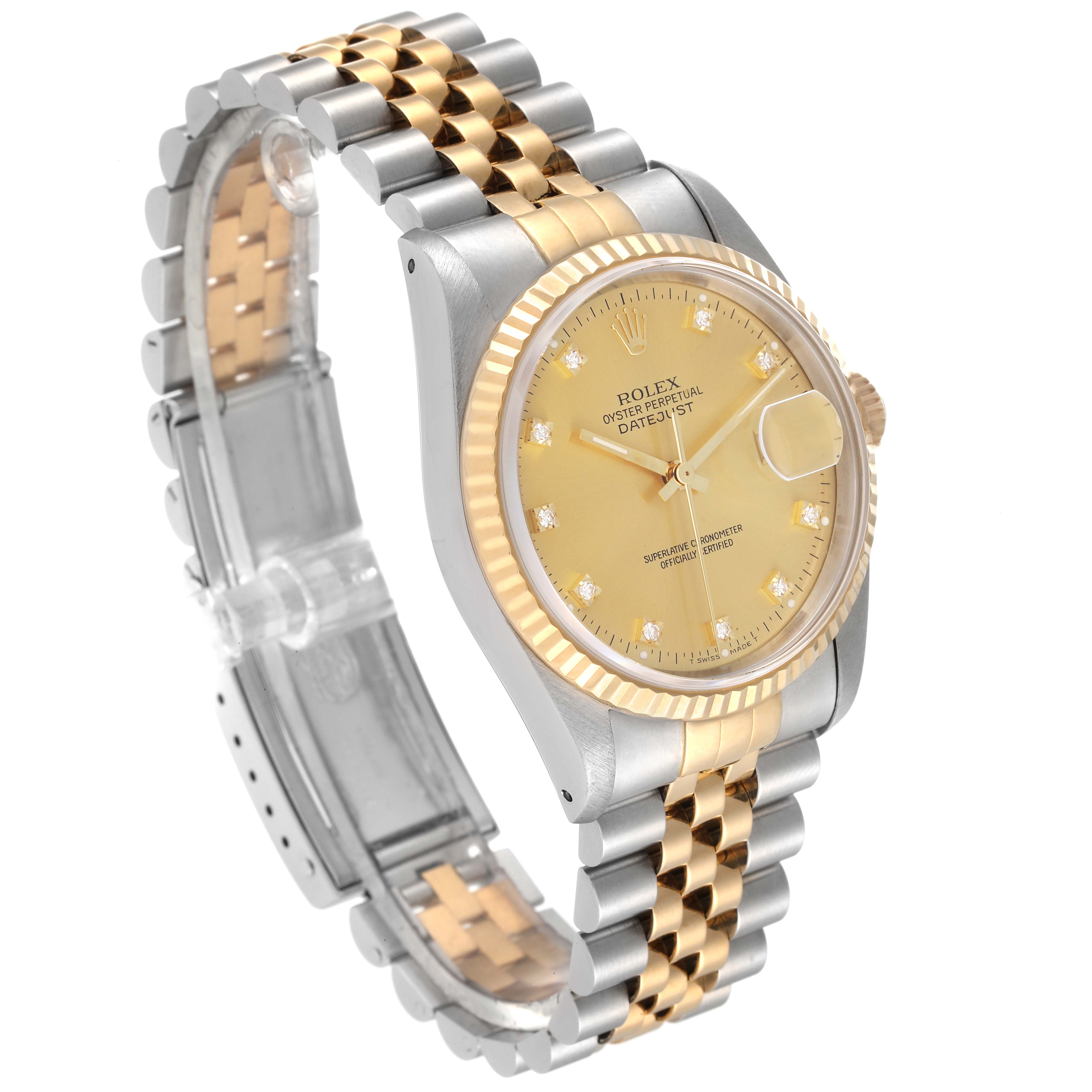 The image shows a Rolex Datejust 16233 Men's Steel and Gold (two tone) Champagne Dial 16233 Men's Steel and Gold (two tone) Champagne Dial watch at a slight angle, highlighting the bracelet, dial, and date window.