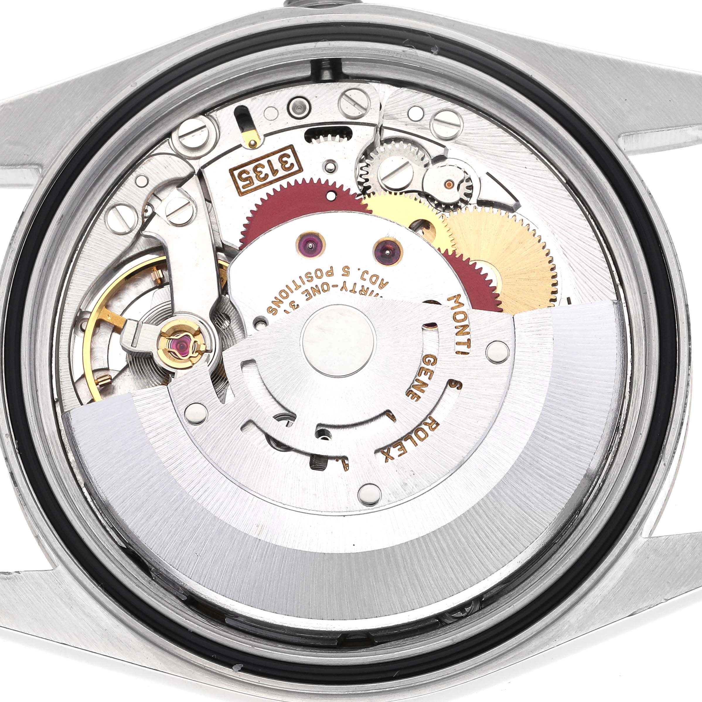 The image shows the movement mechanism of a Rolex Datejust 16233 Men's Steel and Gold (two tone) Champagne Dial 16233 Men's Steel and Gold (two tone) Champagne Dial watch from a top-down angle.