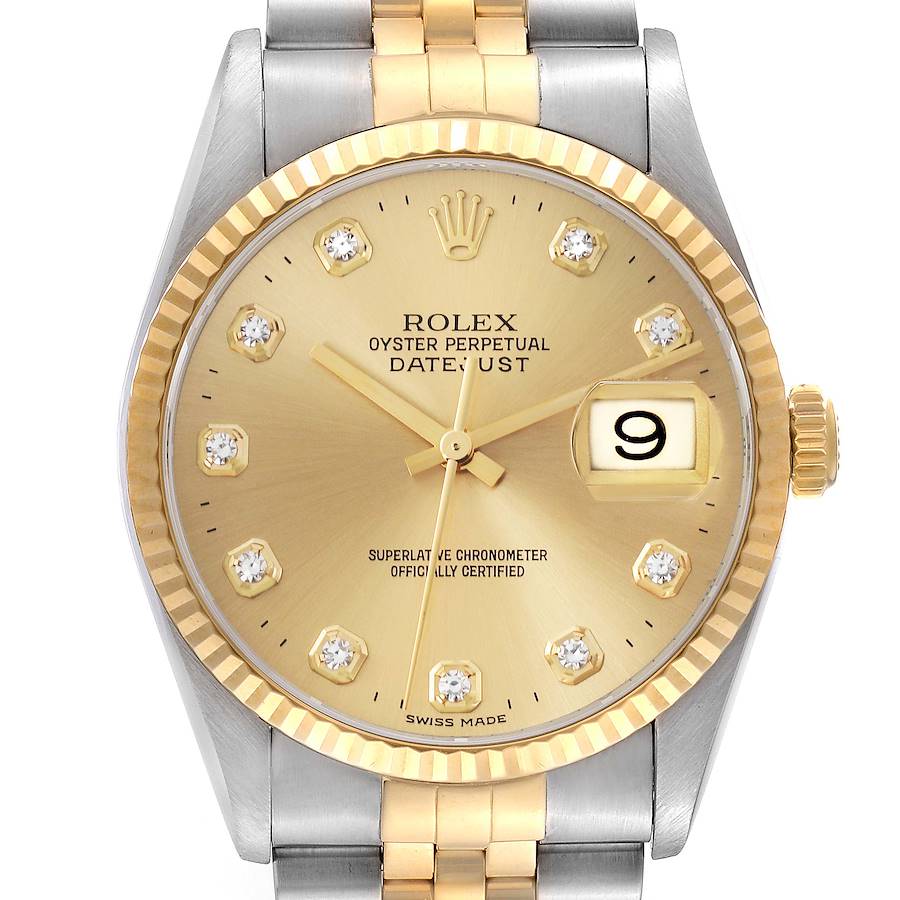 The Rolex Datejust watch is shown from the front, highlighting its gold dial, fluted bezel, diamond hour markers, and two-tone bracelet.