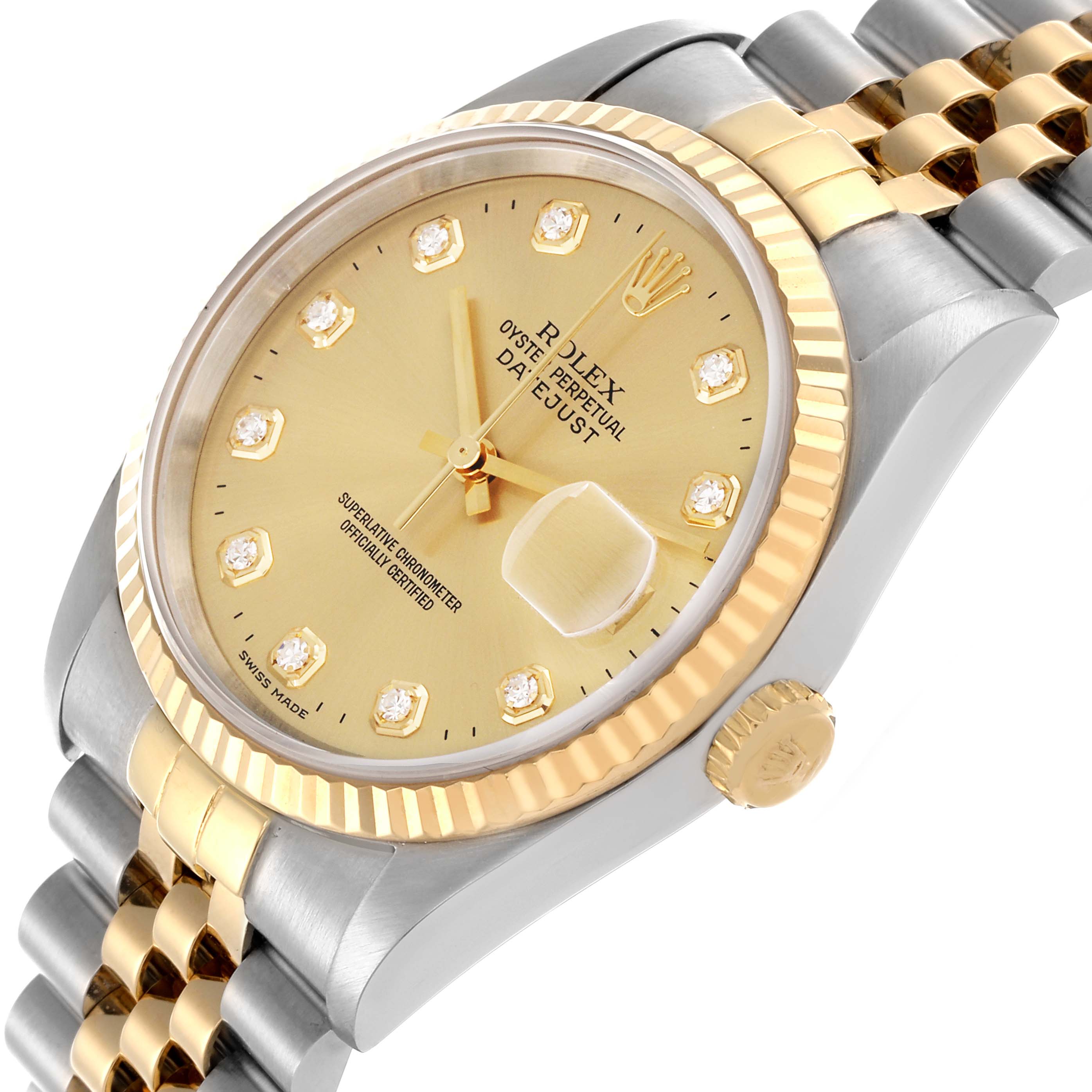 The Rolex Datejust 16233 Men's Steel and Gold (two tone) Champagne Dial 16233 Men's Steel and Gold (two tone) Champagne Dial watch is shown at an oblique angle, highlighting the dial, bezel, and bracelet.