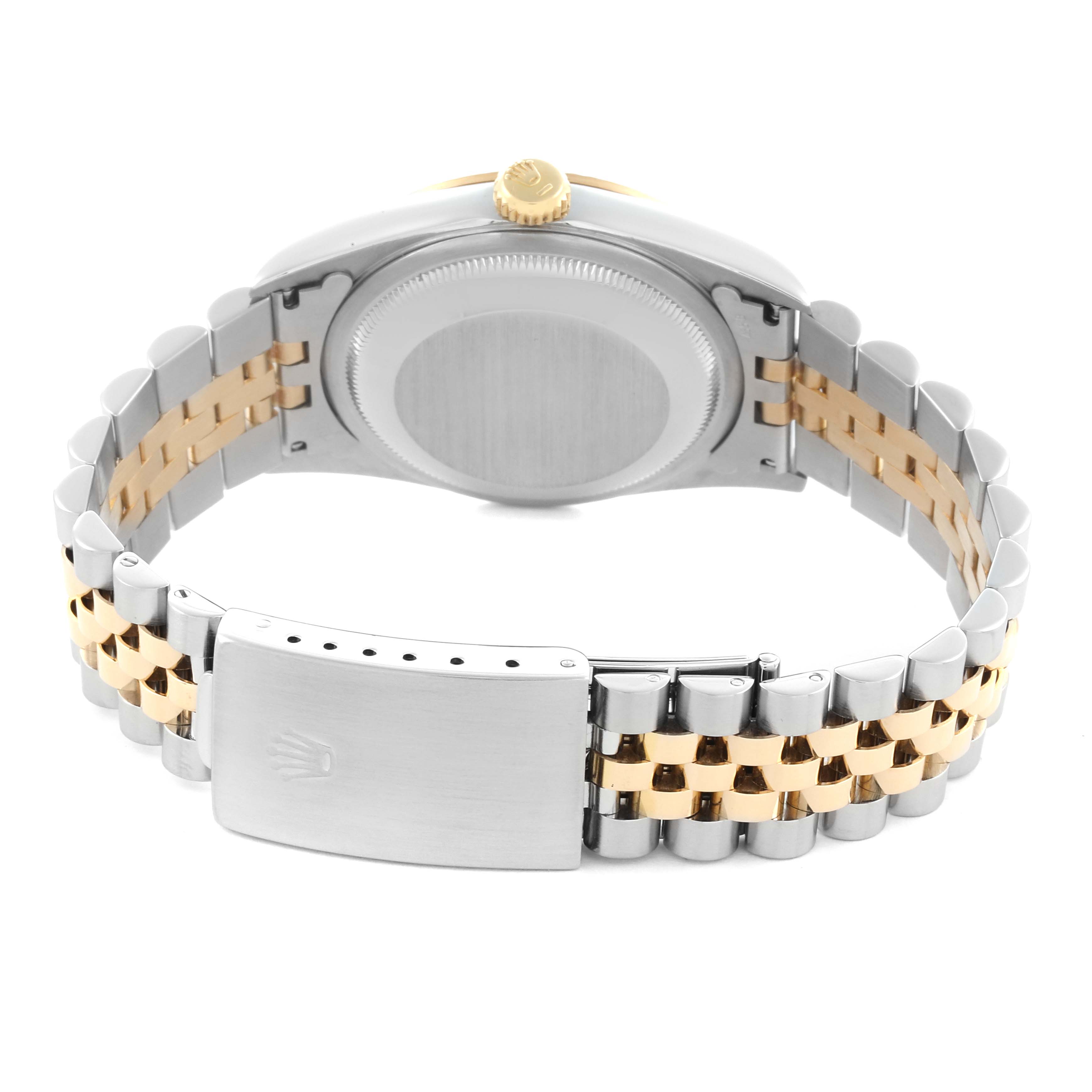 This image shows the back case and clasp of a Rolex Datejust 16233 Men's Steel and Gold (two tone) Champagne Dial 16233 Men's Steel and Gold (two tone) Champagne Dial, highlighting its two-tone bracelet.