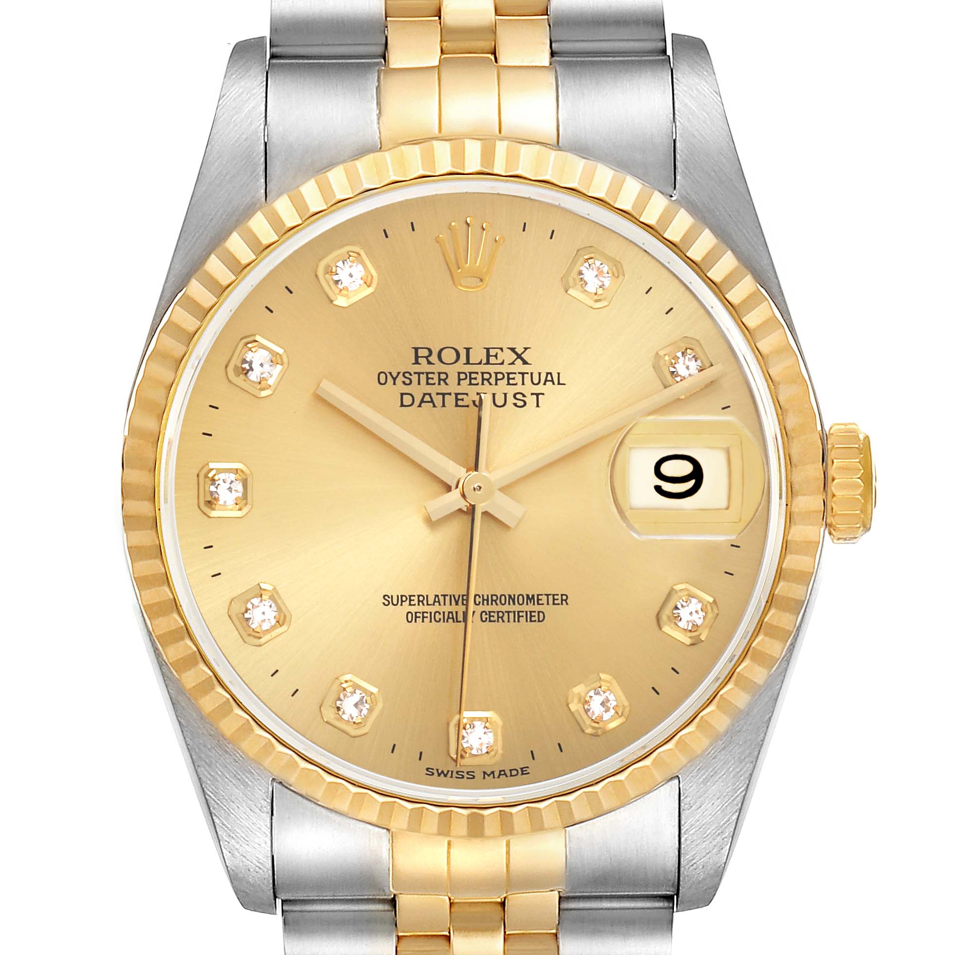 The Rolex Datejust 16233 Men's Steel and Gold (two tone) Champagne Dial 16233 Men's Steel and Gold (two tone) Champagne Dial watch is shown from the front, highlighting its gold diamond dial, fluted bezel, and two-tone Jubilee bracelet.