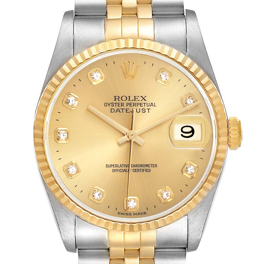 The Rolex Datejust watch is shown from the front, highlighting its gold diamond dial, fluted bezel, and two-tone Jubilee bracelet.