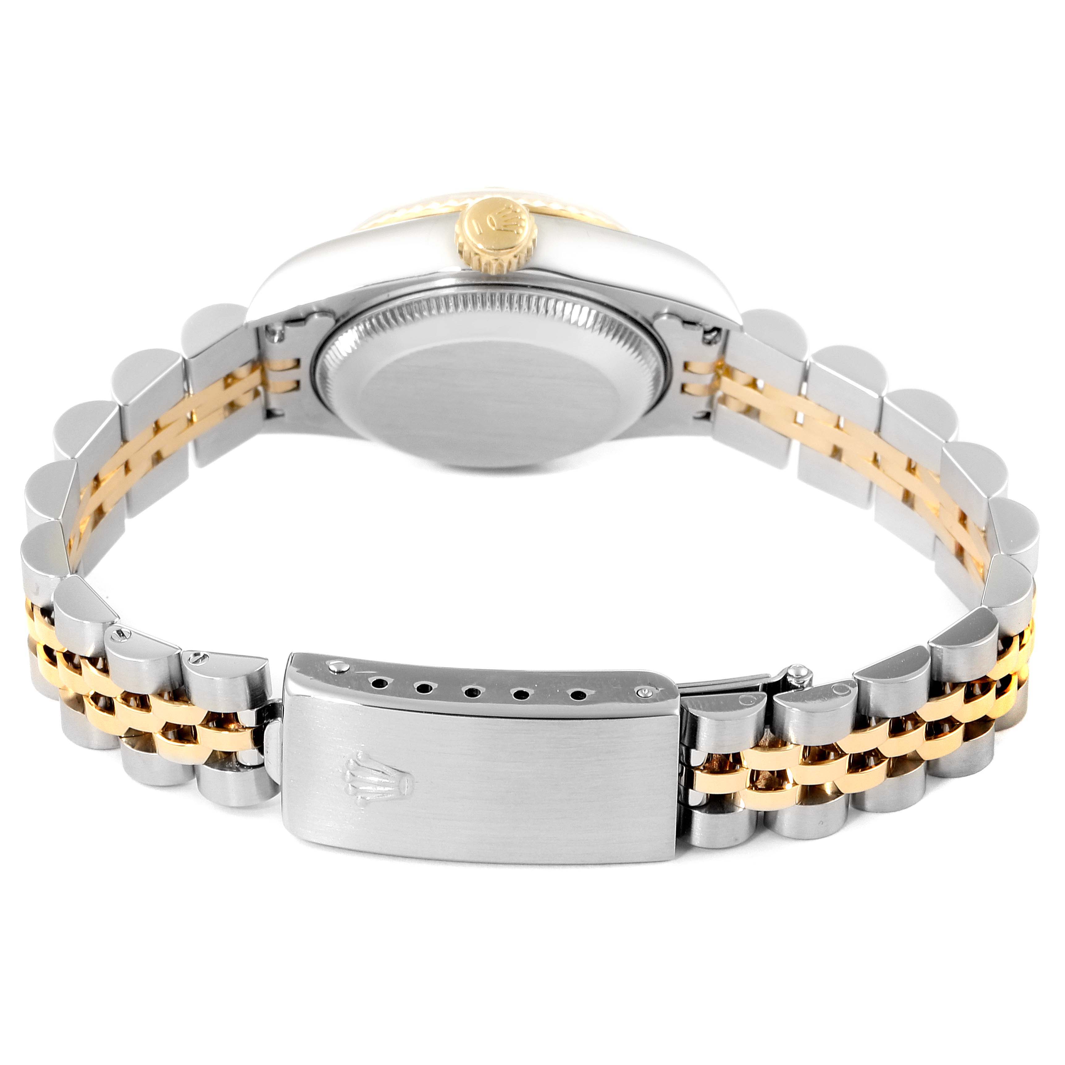 This image shows the Rolex Datejust 69173 Women's Steel and Gold (two tone) Champagne Dial 69173 Women's Steel and Gold (two tone) Champagne Dial watch from a rear angle, highlighting the case back, crown, and two-tone metal bracelet with the clasp.