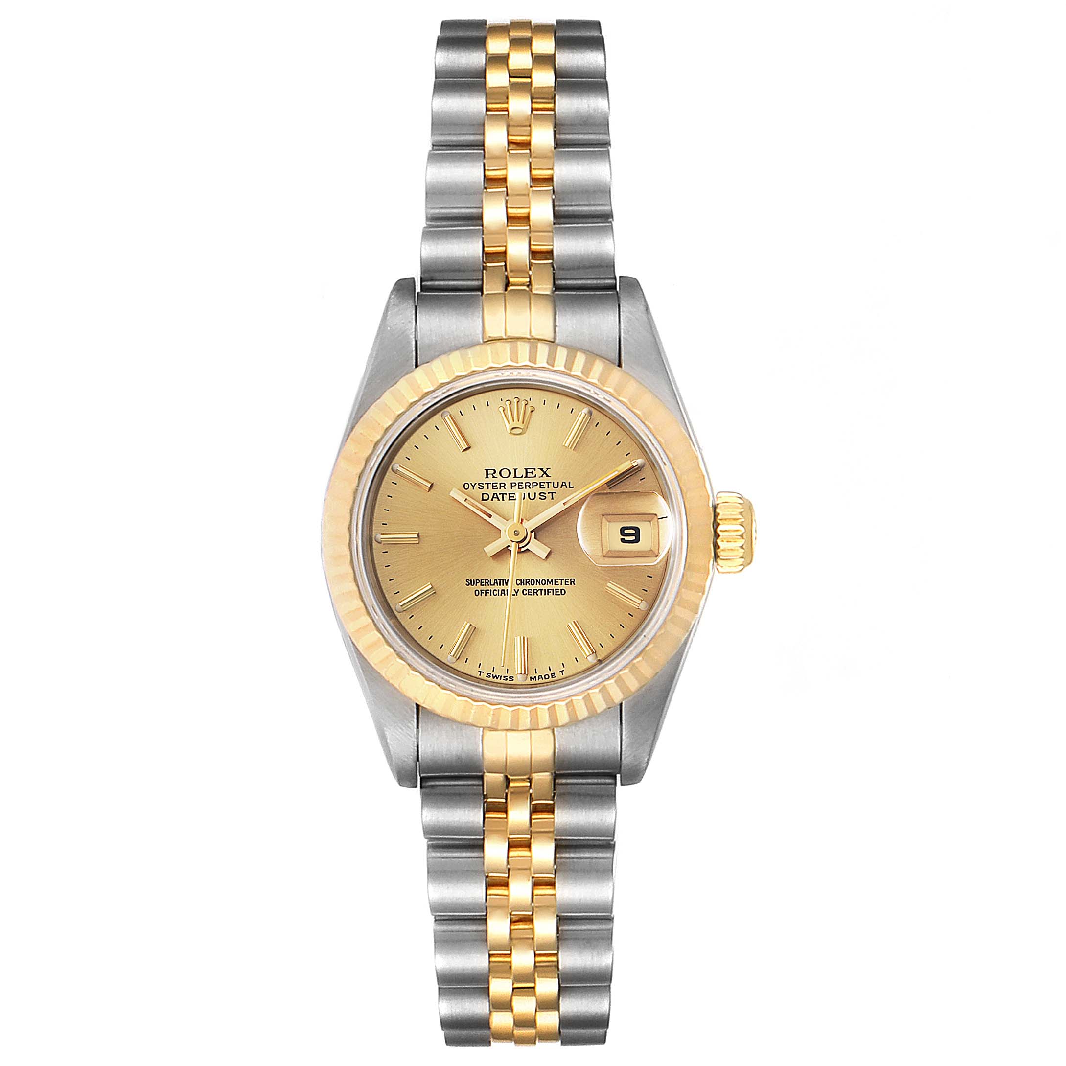 This image shows a front view of a Rolex Datejust 69173 Women's Steel and Gold (two tone) Champagne Dial 69173 Women's Steel and Gold (two tone) Champagne Dial watch, highlighting its gold dial, fluted bezel, date display, and two-tone bracelet.