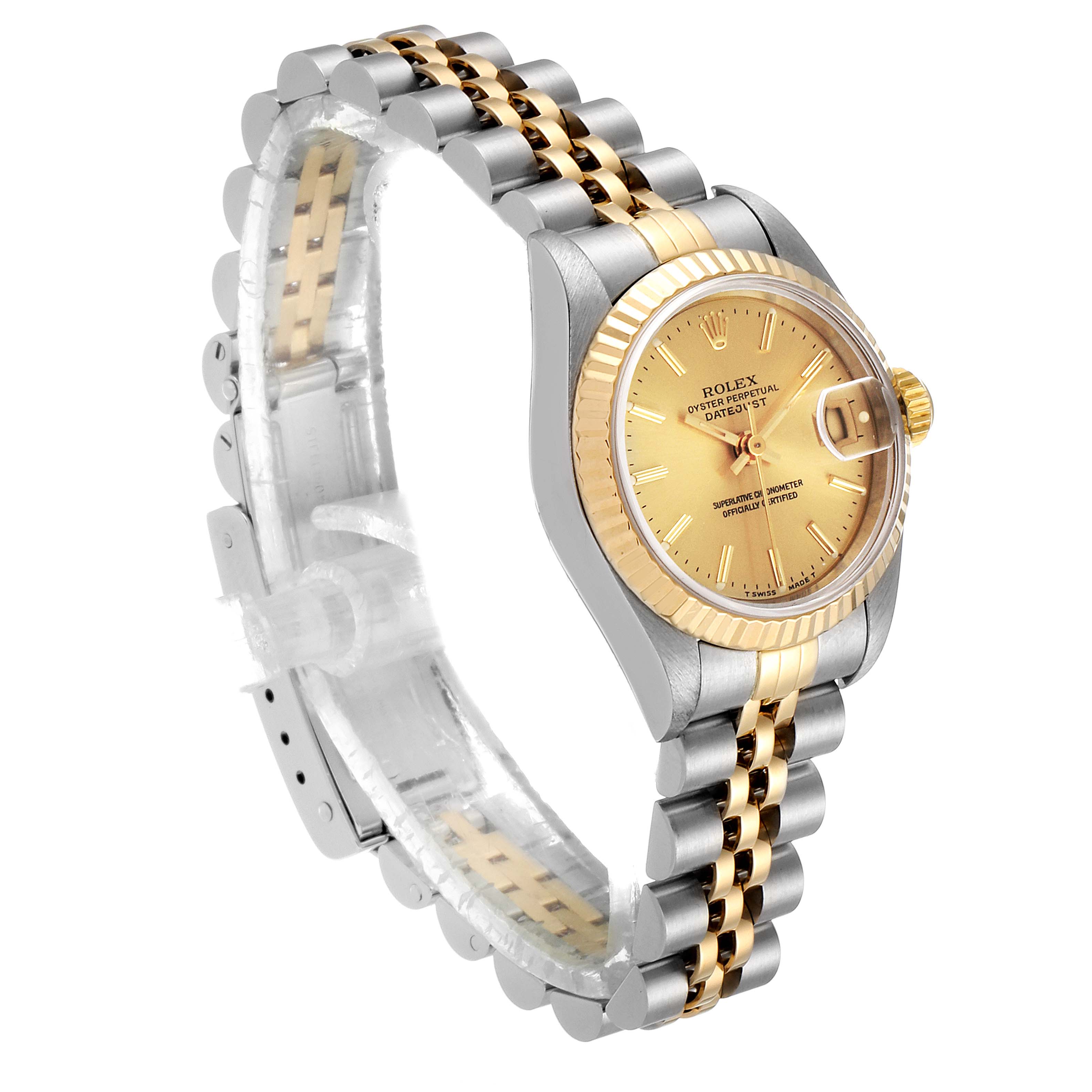 The image shows a Rolex Datejust 69173 Women's Steel and Gold (two tone) Champagne Dial 69173 Women's Steel and Gold (two tone) Champagne Dial watch at an oblique angle, highlighting its gold dial, fluted bezel, and two-tone bracelet.