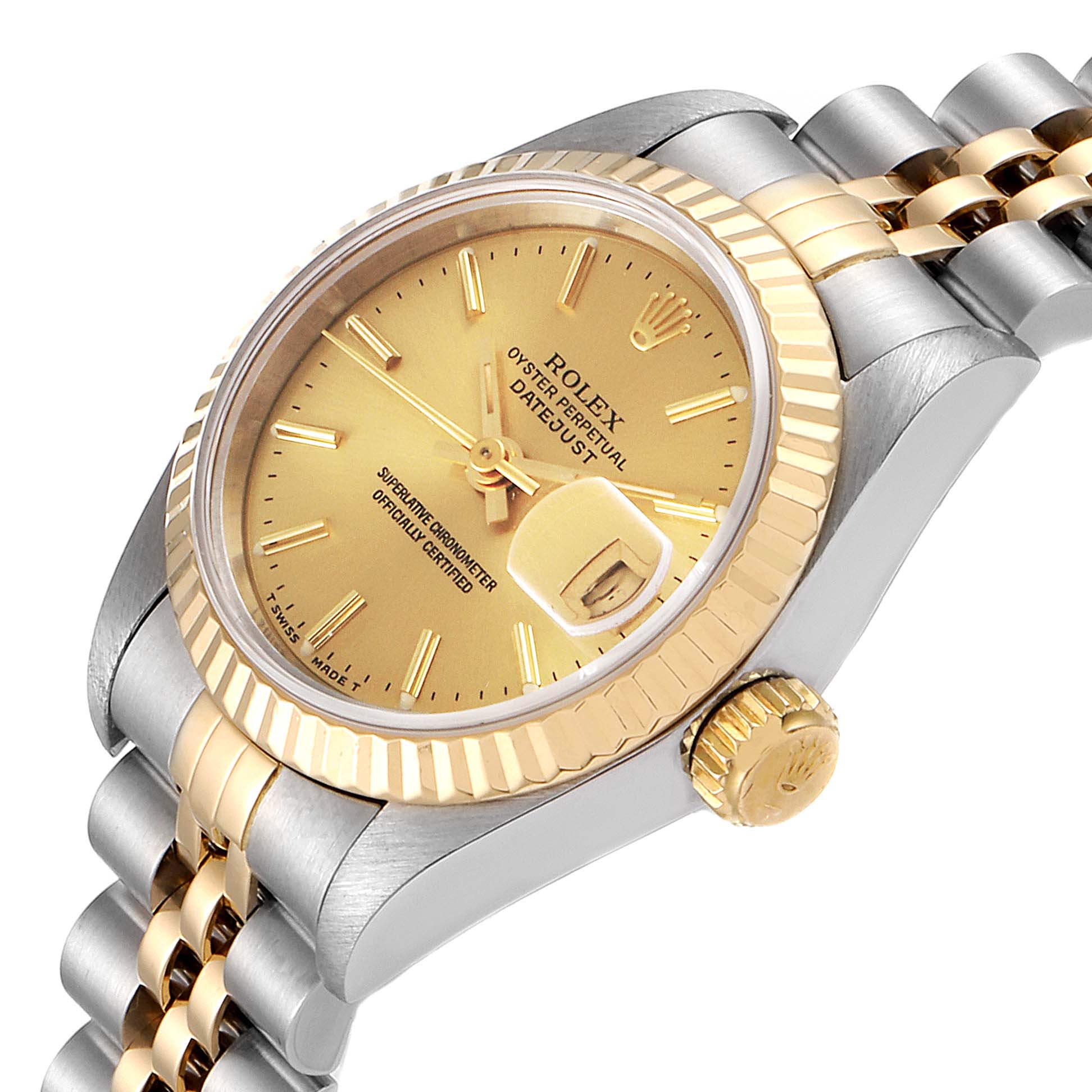 The image shows a Rolex Datejust 69173 Women's Steel and Gold (two tone) Champagne Dial 69173 Women's Steel and Gold (two tone) Champagne Dial watch at an angle, highlighting its gold dial, fluted bezel, and the two-tone bracelet band.