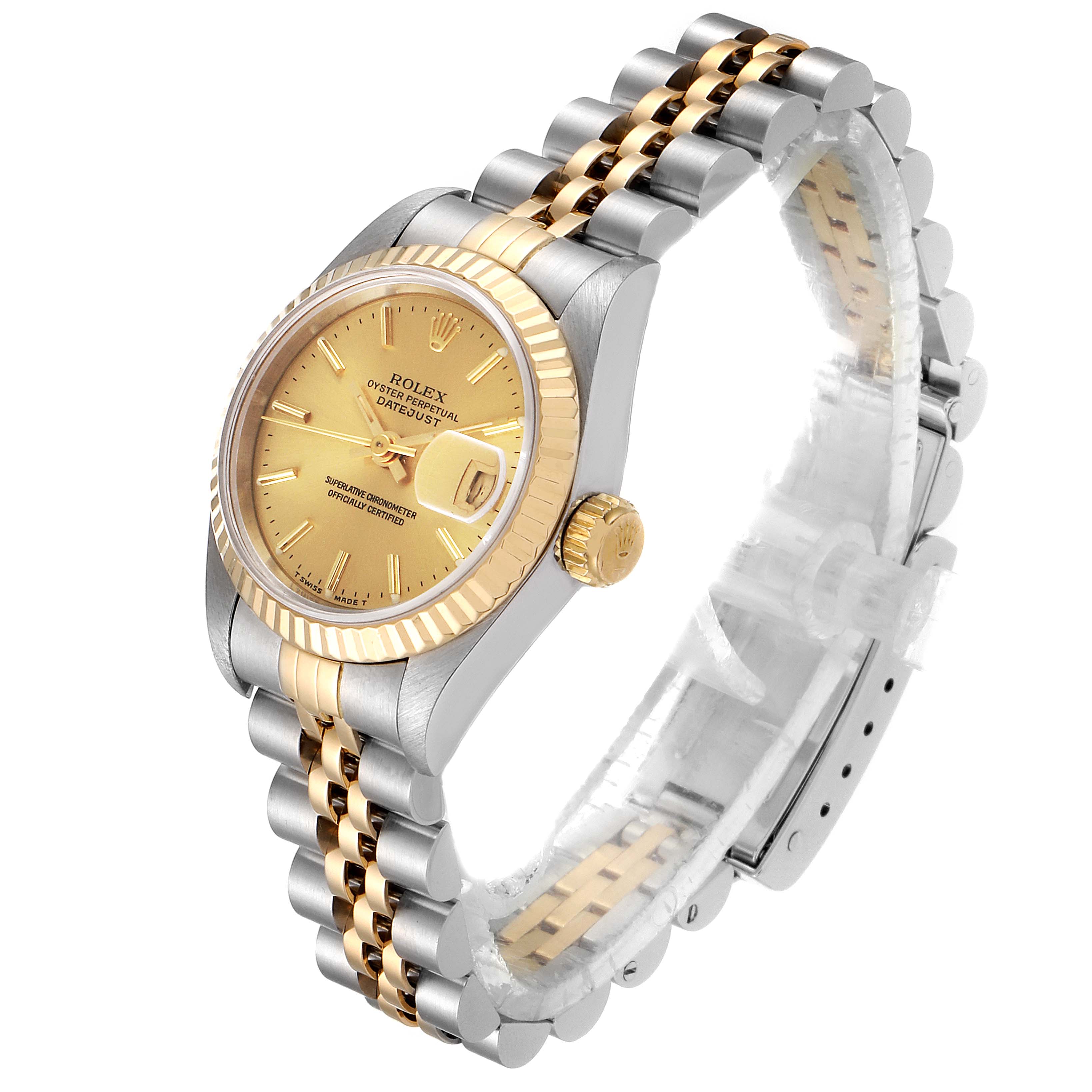 The Rolex Datejust 69173 Women's Steel and Gold (two tone) Champagne Dial 69173 Women's Steel and Gold (two tone) Champagne Dial watch is shown at an angled view, displaying the dial, bezel, jubilee bracelet, and crown.