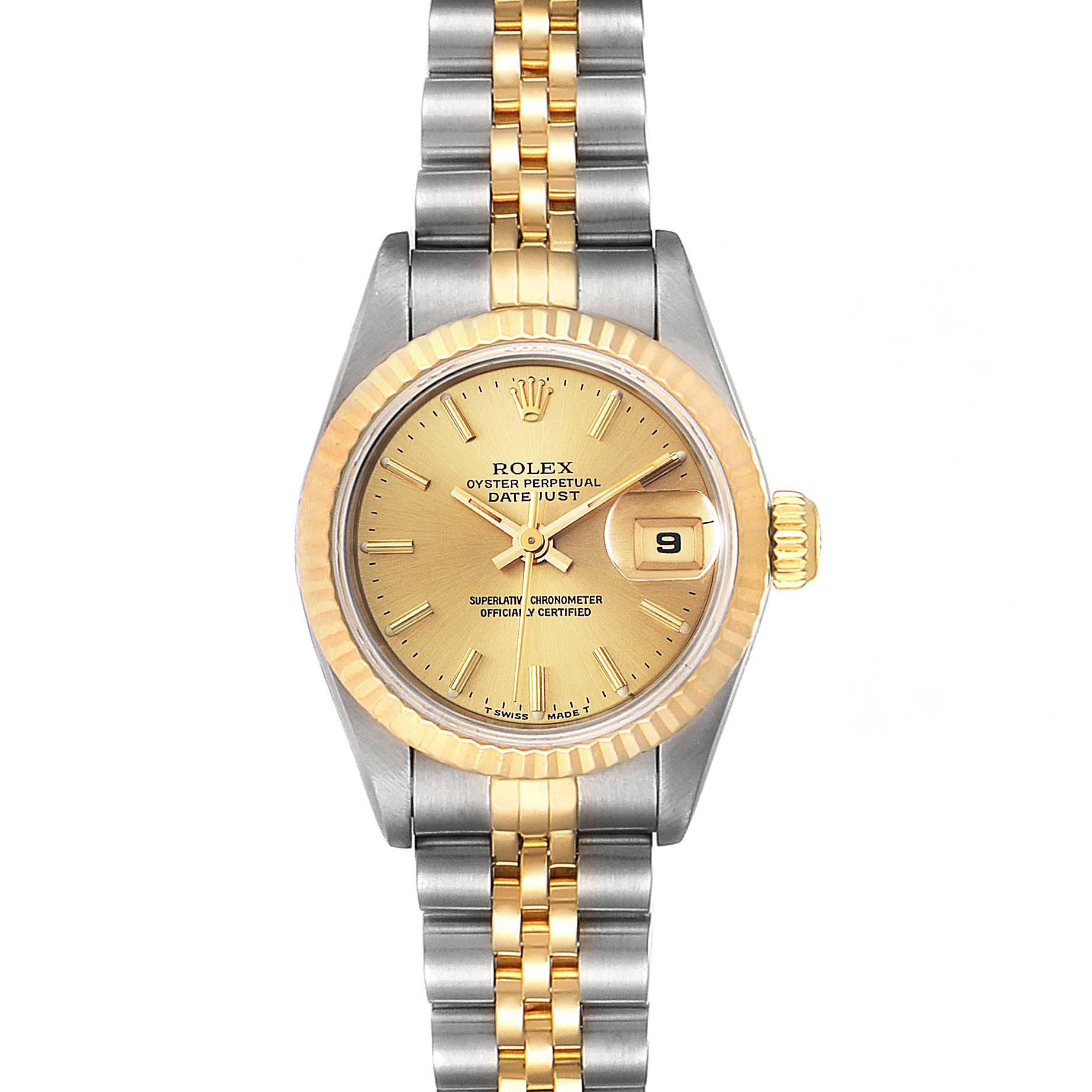 This Rolex Datejust 69173 Women's Steel and Gold (two tone) Champagne Dial 69173 Women's Steel and Gold (two tone) Champagne Dial watch is shown from a top-down angle, highlighting its gold and silver bracelet, gold bezel, and dial with date display.