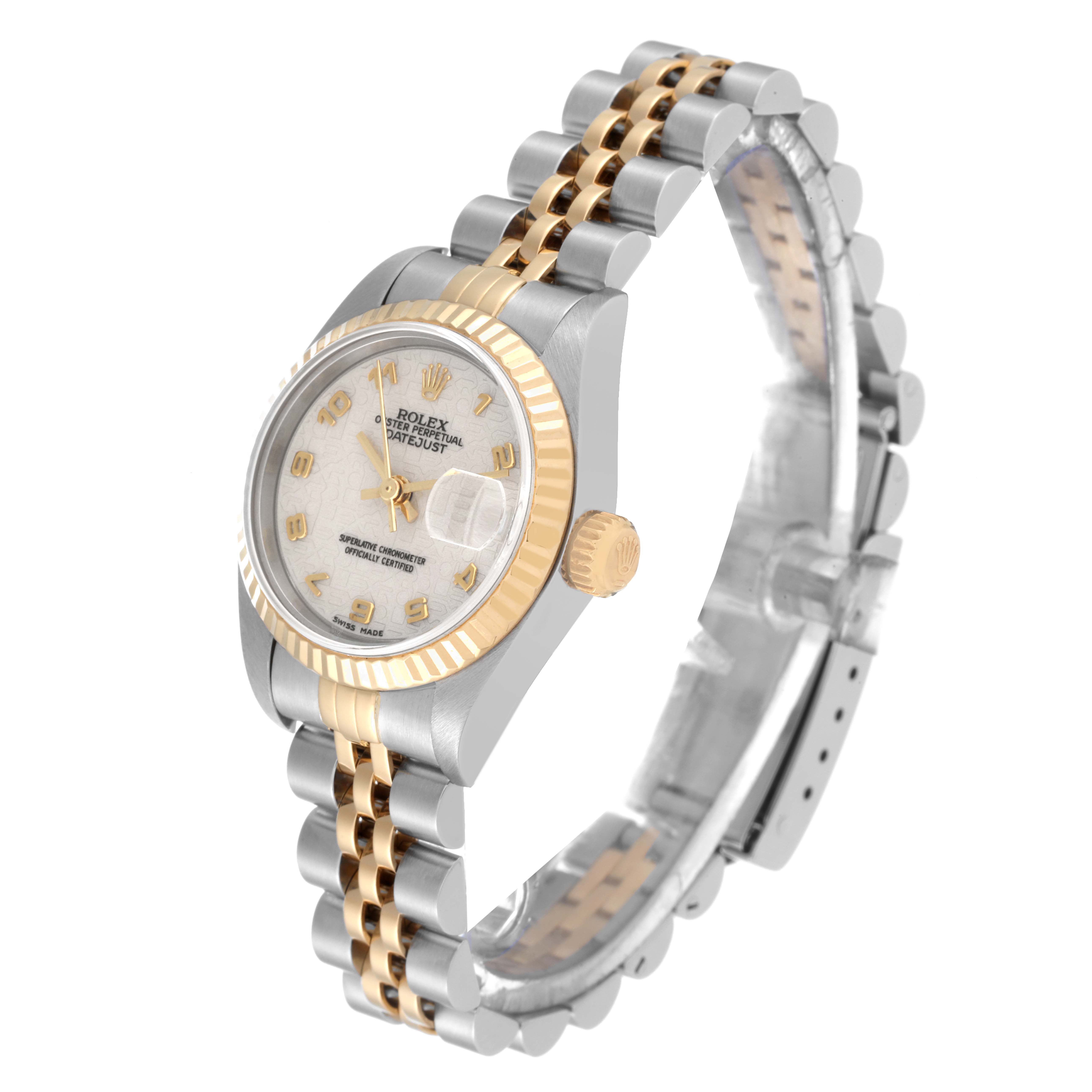 The image shows a Rolex Datejust 79173 Women's Steel and Gold (two tone) White Dial 79173 Women's Steel and Gold (two tone) White Dial watch at a three-quarter angle, highlighting its face, bezel, crown, and two-tone bracelet.