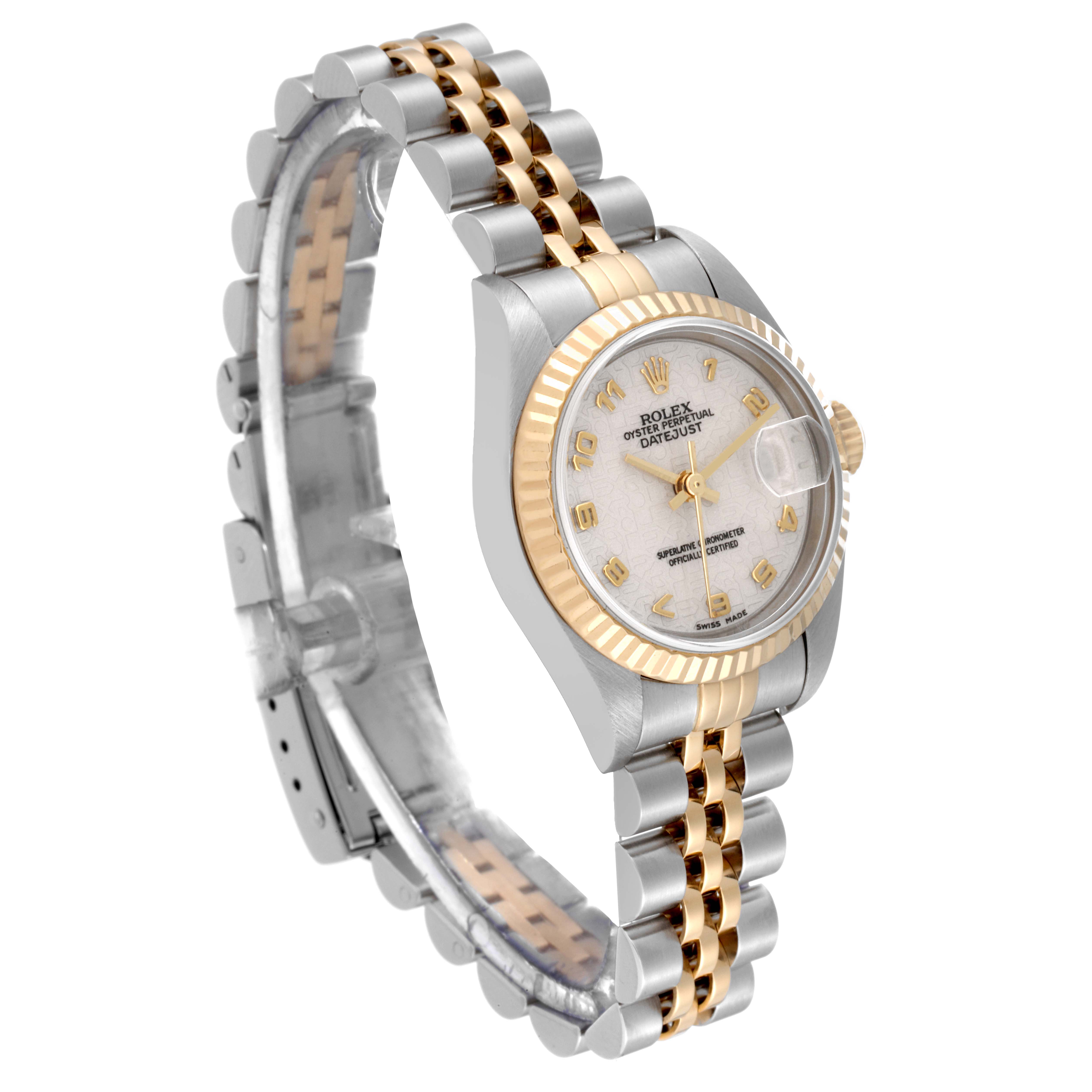 This image shows a Rolex Datejust 79173 Women's Steel and Gold (two tone) White Dial 79173 Women's Steel and Gold (two tone) White Dial watch at a three-quarter angle, featuring its dial, bezel, crown, and two-tone bracelet.