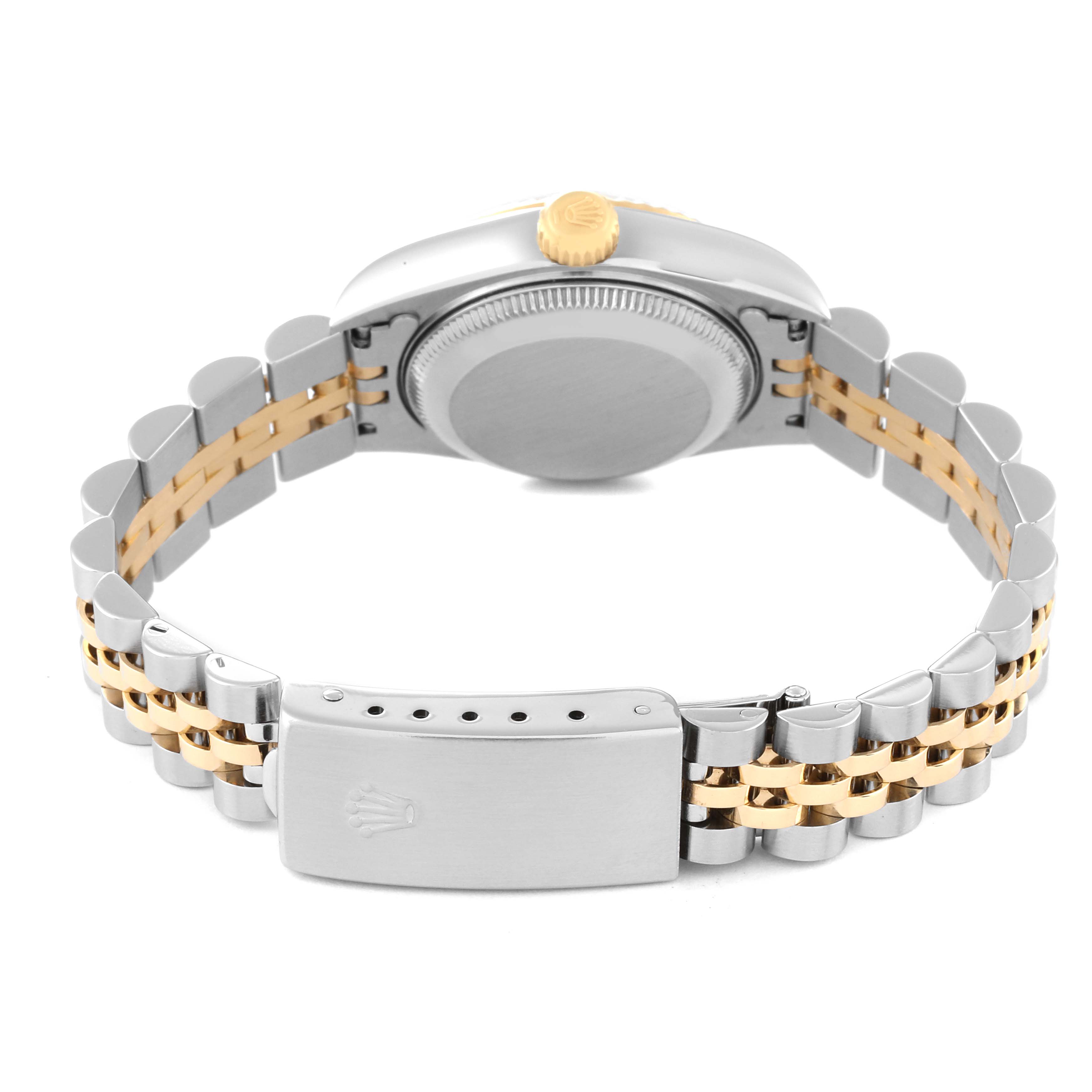 This image shows the back view of a Rolex Datejust 79173 Women's Steel and Gold (two tone) White Dial 79173 Women's Steel and Gold (two tone) White Dial, highlighting the case back, crown, and two-tone bracelet with a clasp.