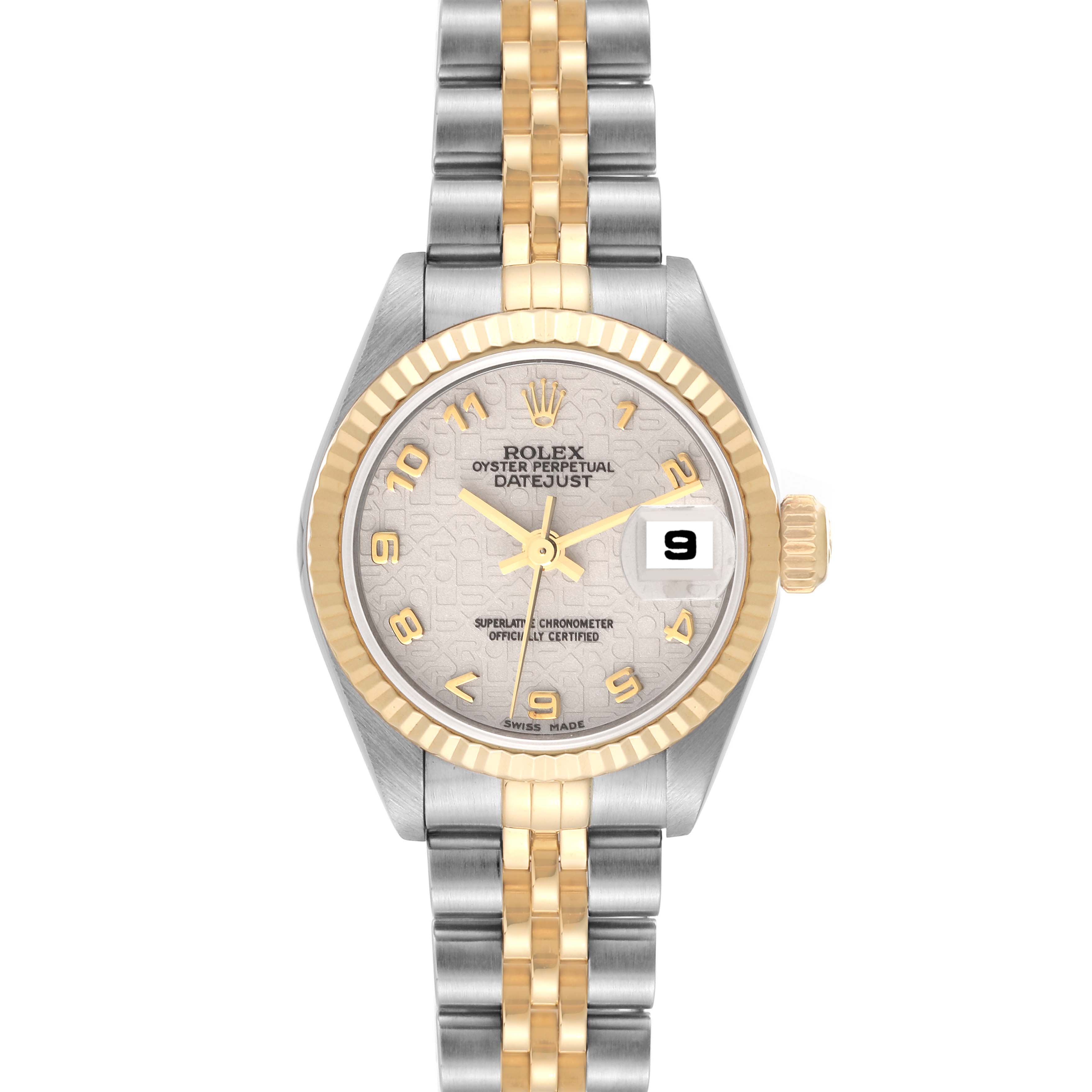 This image shows the front view of a Rolex Datejust 79173 Women's Steel and Gold (two tone) White Dial 79173 Women's Steel and Gold (two tone) White Dial watch, displaying the dial, bezel, crown, and bracelet.