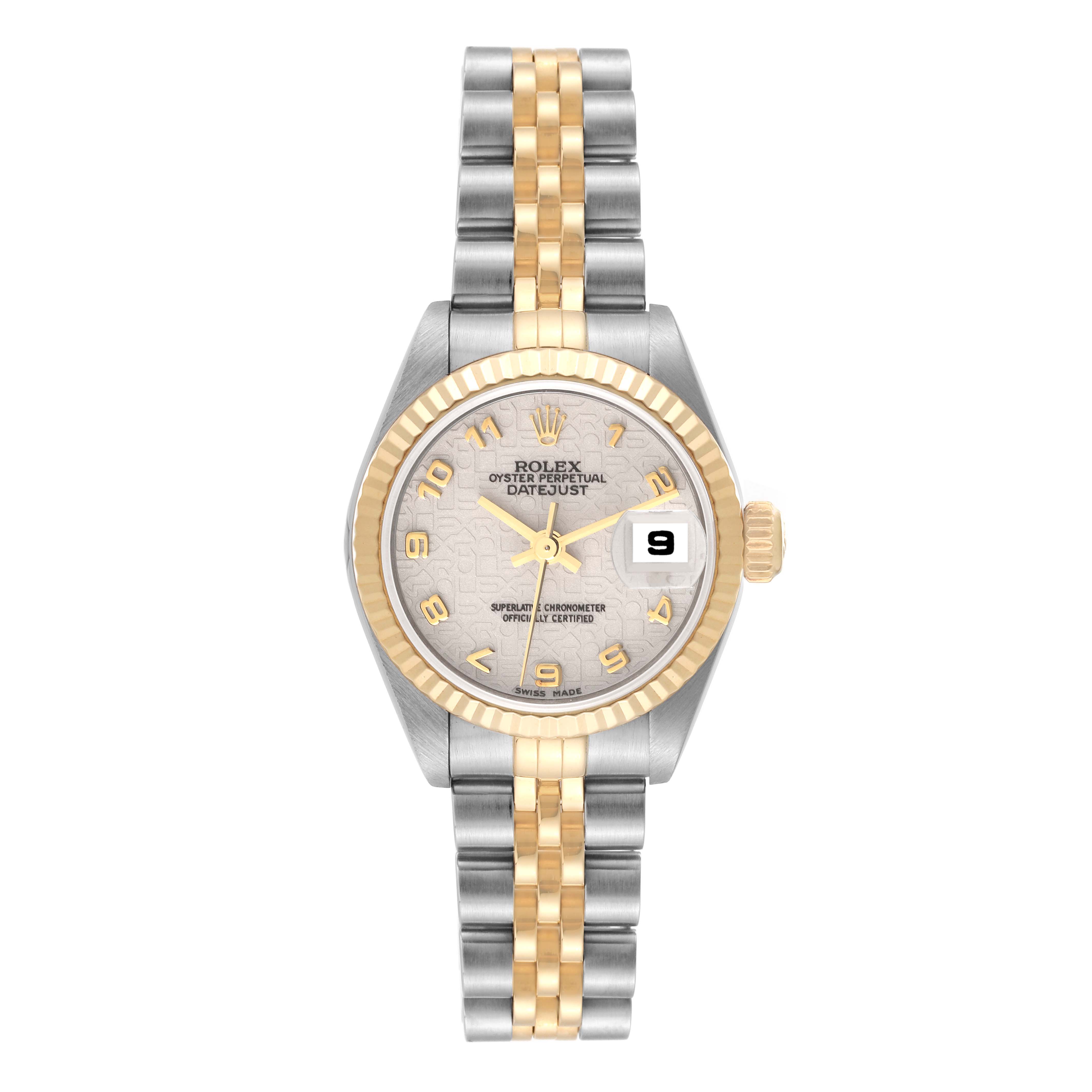 The image shows a front view of a Rolex Datejust 79173 Women's Steel and Gold (two tone) White Dial 79173 Women's Steel and Gold (two tone) White Dial watch, highlighting its dial, bezel, and two-tone bracelet.