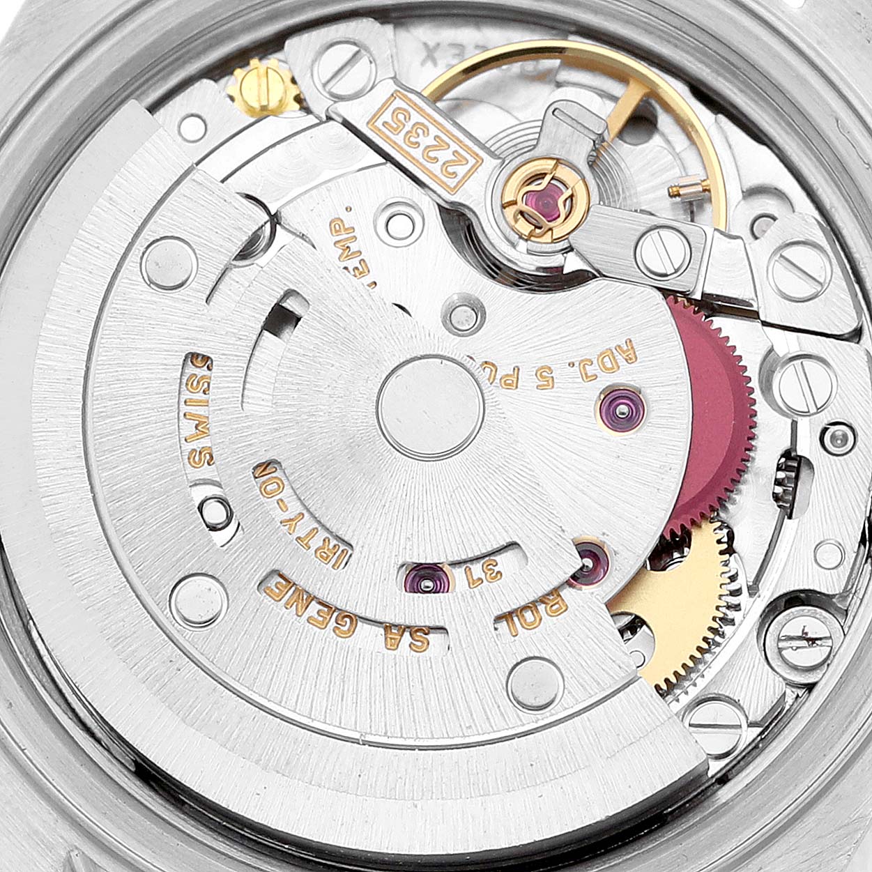 This image shows the intricate inner movement and mechanism of a Rolex Datejust 79173 Women's Steel and Gold (two tone) White Dial 79173 Women's Steel and Gold (two tone) White Dial watch's back case.