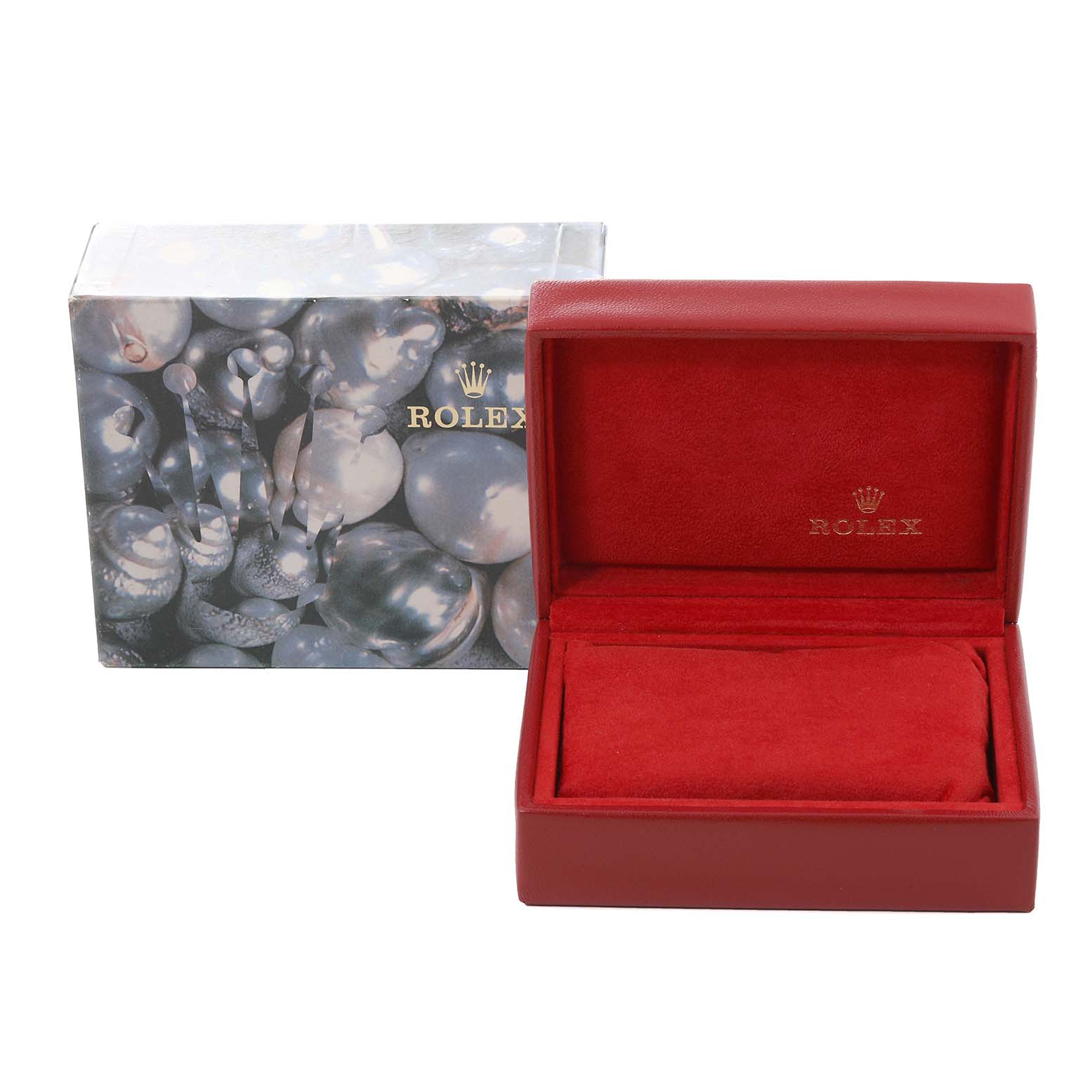 The image shows a red Rolex Datejust 79173 Women's Steel and Gold (two tone) White Dial 79173 Women's Steel and Gold (two tone) White Dial watch box and its decorative outer box, both partially open at the front angle.