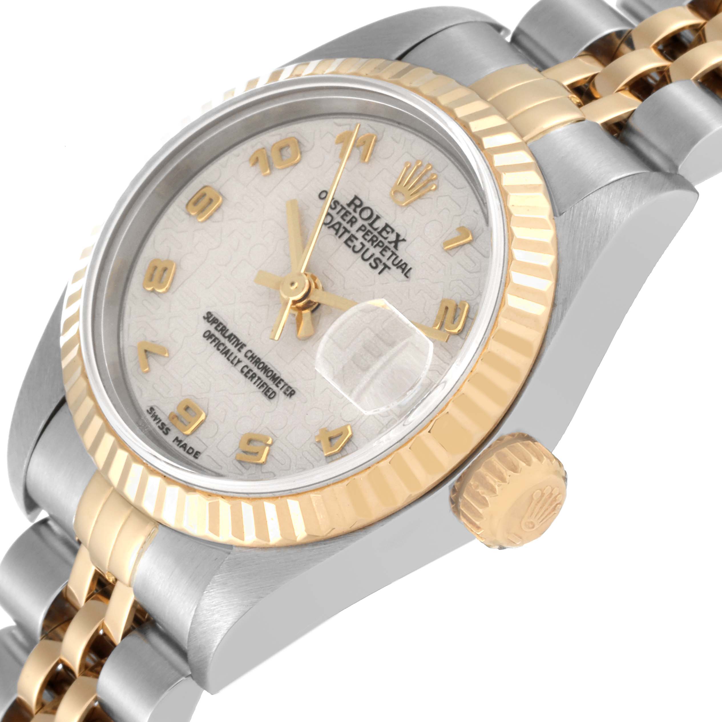 The image shows a close-up view of a Rolex Datejust 79173 Women's Steel and Gold (two tone) White Dial 79173 Women's Steel and Gold (two tone) White Dial watch, highlighting its face, bezel, crown, and part of the bracelet.