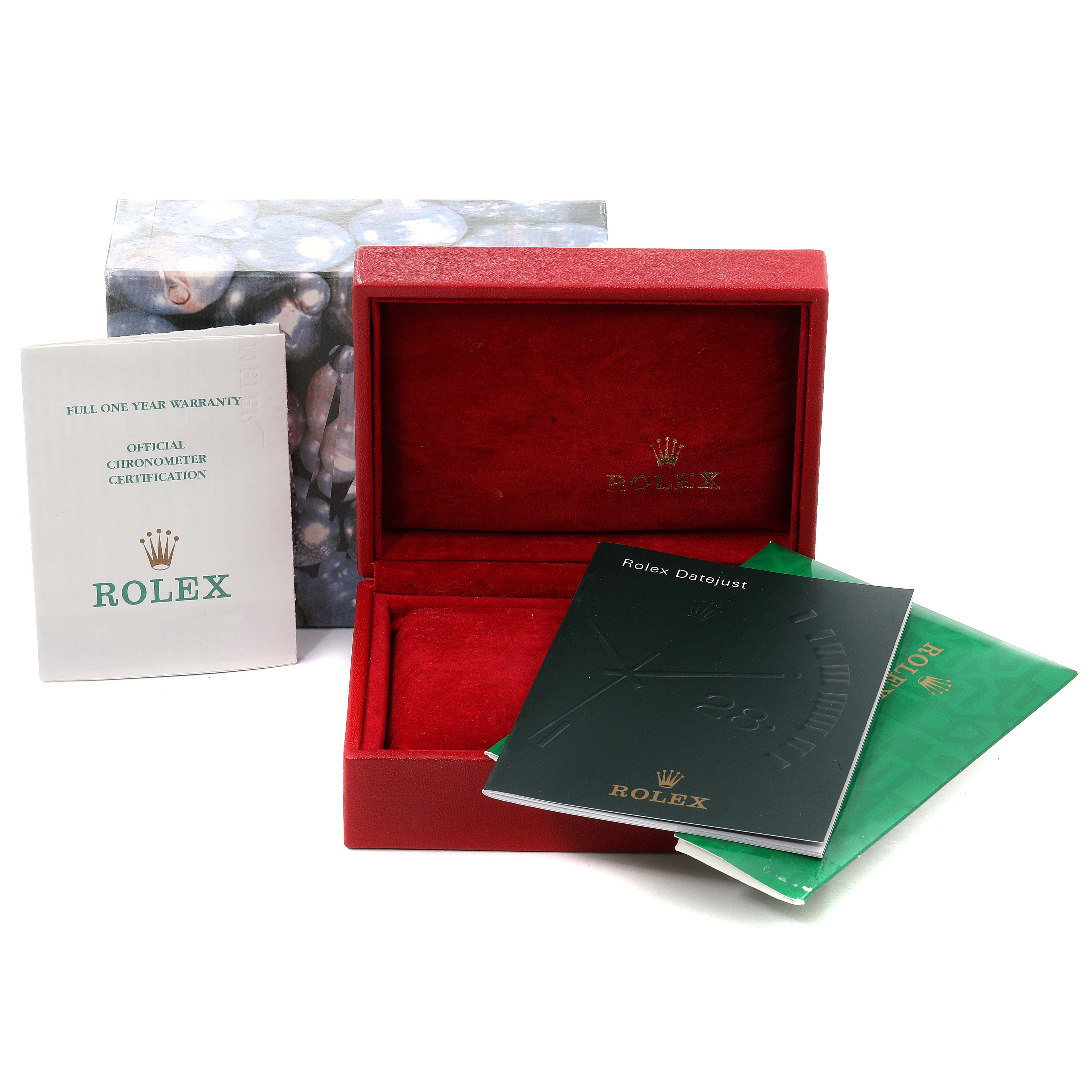 The image shows a Rolex Datejust 79173 Women's Steel and Gold (two tone) Silver Dial 79173 Women's Steel and Gold (two tone) Silver Dial box, instruction manuals, and a warranty booklet from a front angle.