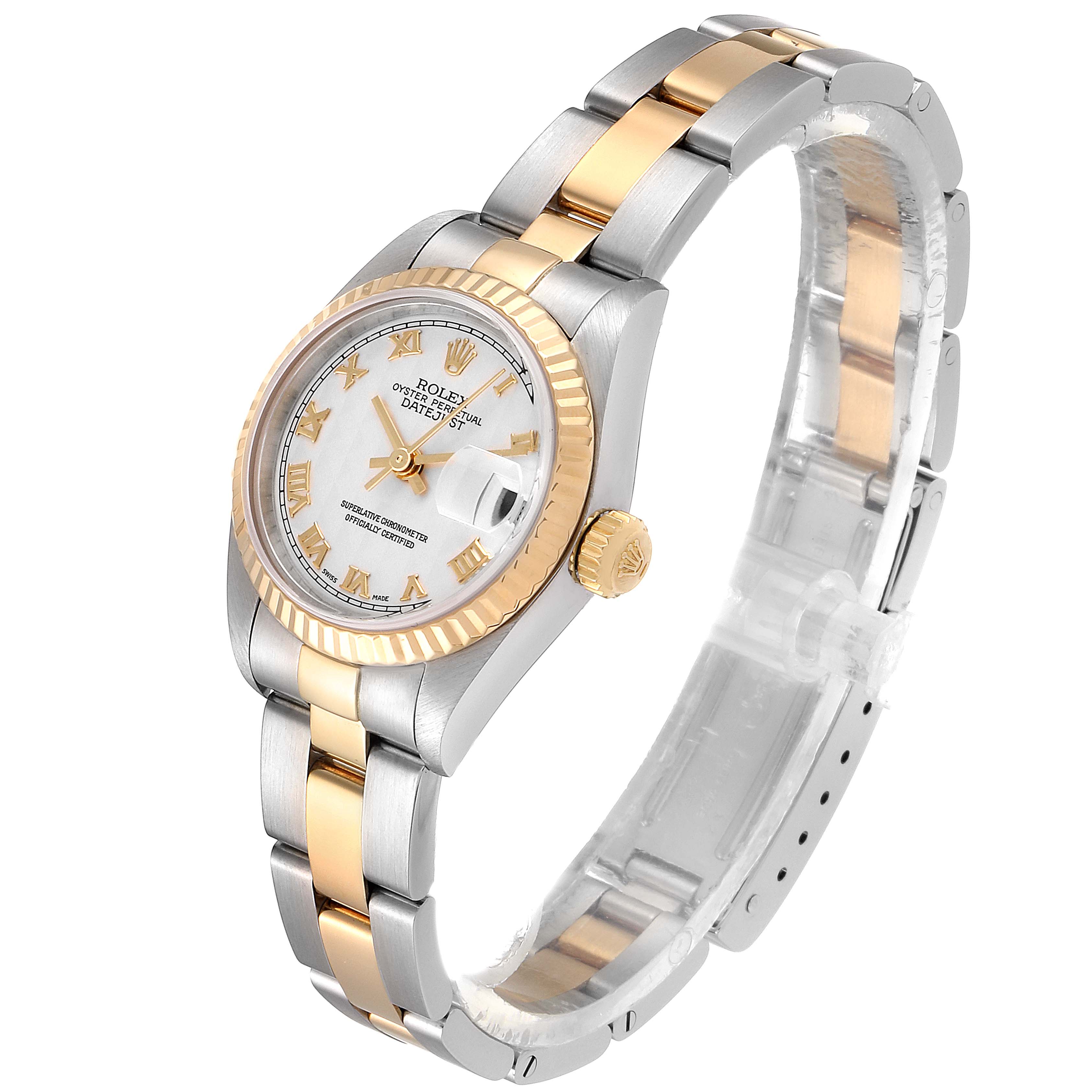This image shows a Rolex Datejust 79173 Women's Steel and Gold (two tone) Silver Dial 79173 Women's Steel and Gold (two tone) Silver Dial watch, angled slightly from above, highlighting the face, bezel, and two-tone bracelet.