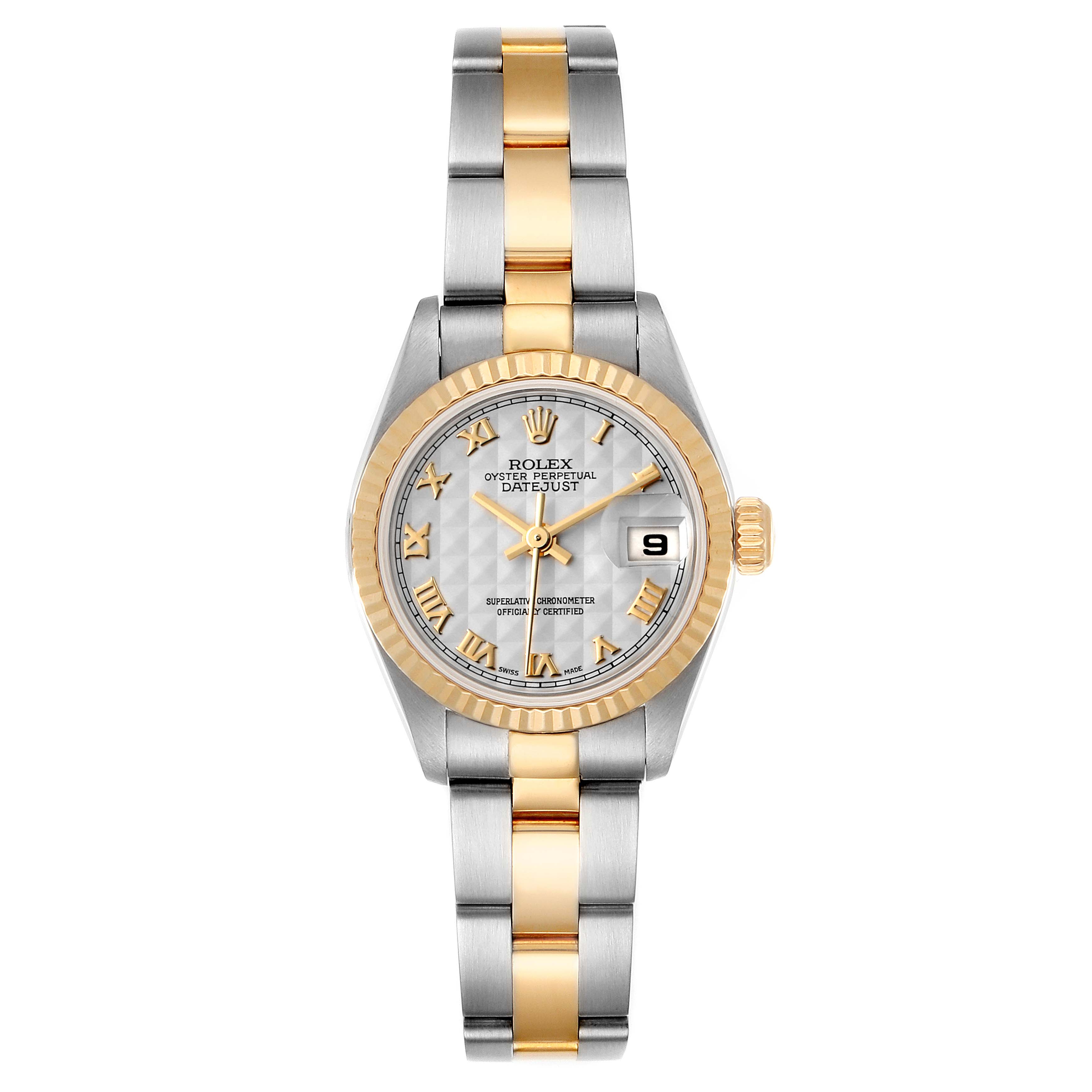 This image shows a front view of a Datejust model by Rolex, displaying the face, bezel, and bracelet.