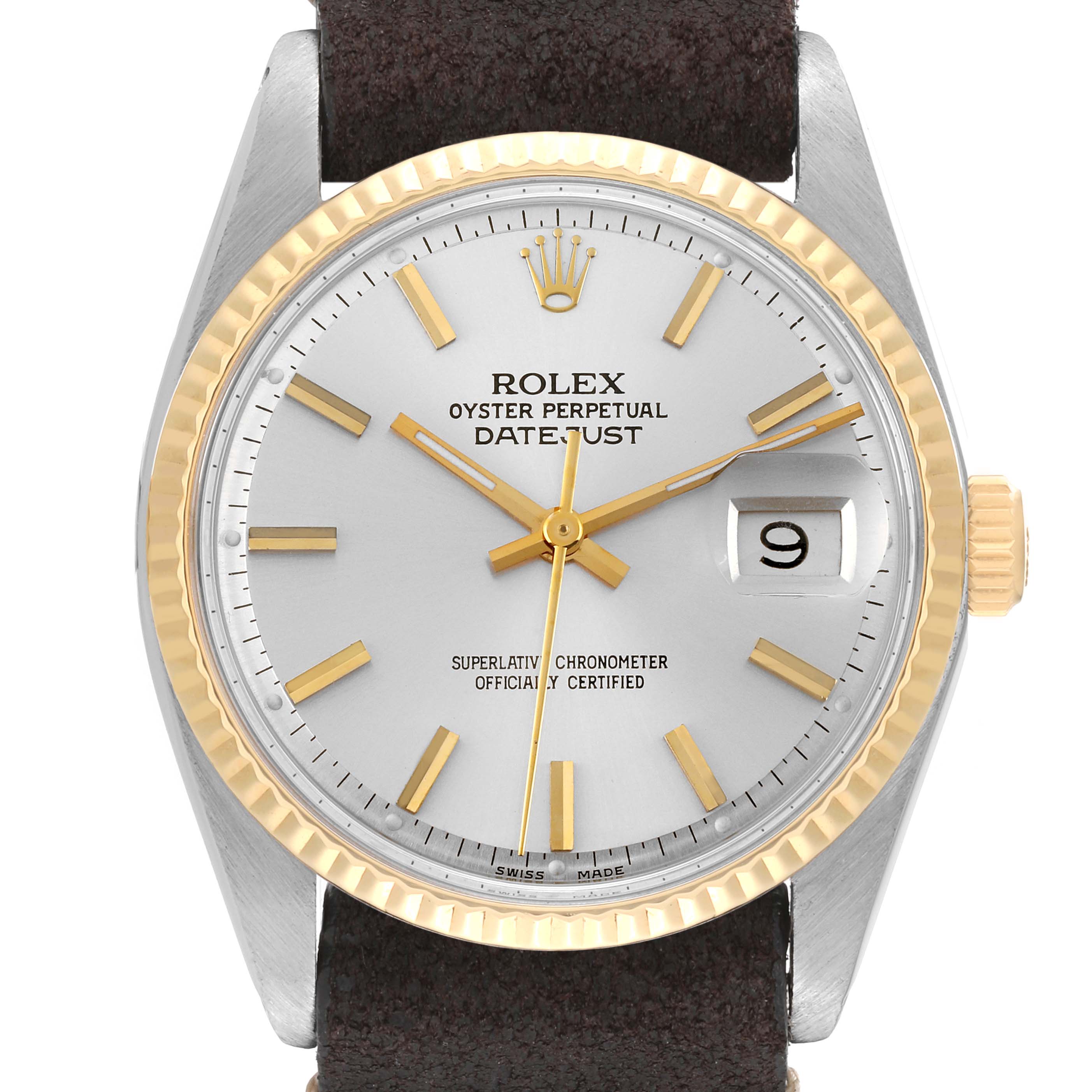 The watch is shown from a straight-on angle, displaying the dial, bezel, hands, and part of the strap of the Rolex Vintage Collection 1601 Men's Steel and Gold (two tone) Silver Dial 1601 Men's Steel and Gold (two tone) Silver Dial model.
