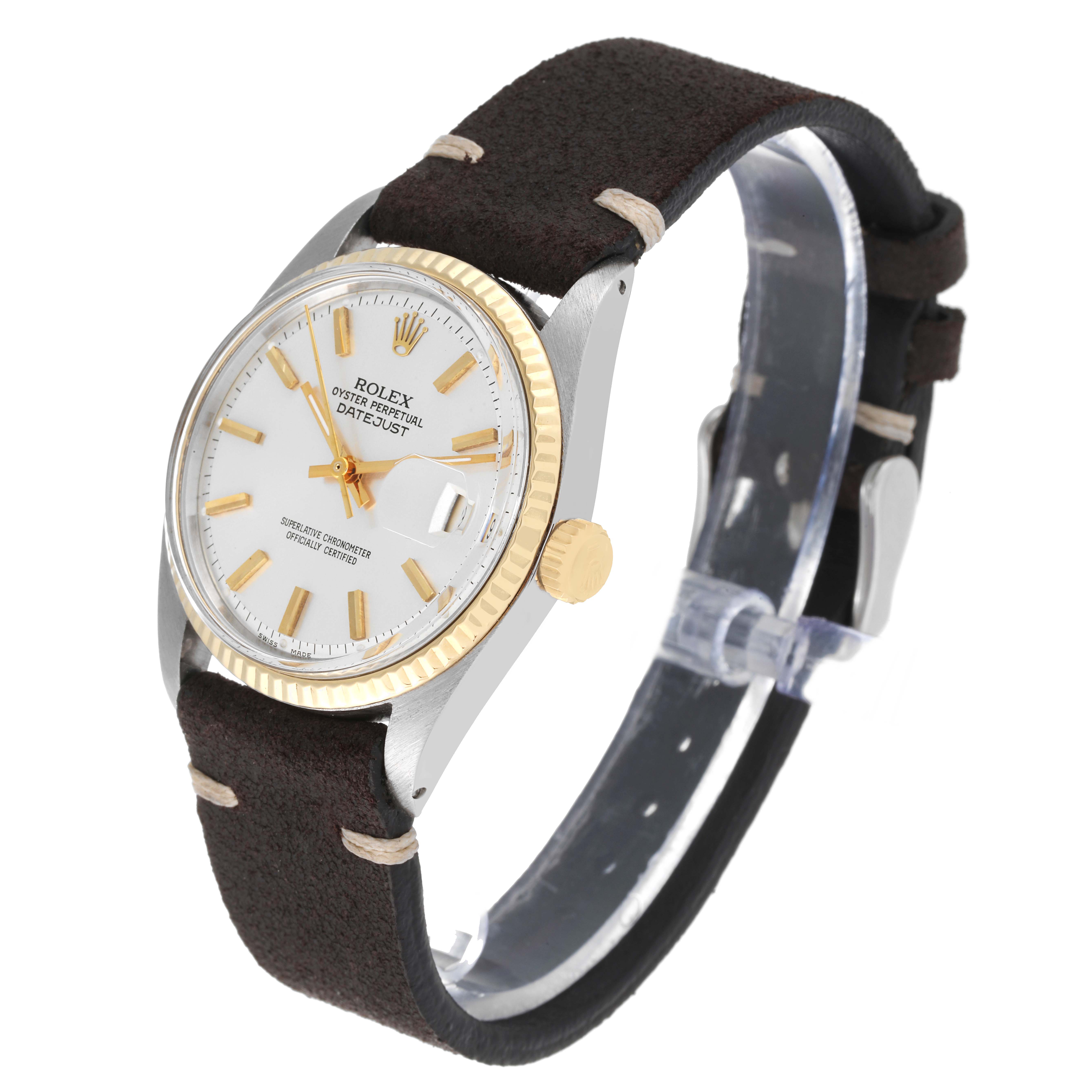 The Rolex Vintage Collection 1601 Men's Steel and Gold (two tone) Silver Dial 1601 Men's Steel and Gold (two tone) Silver Dial model is shown at a slight angle, highlighting its face, bezel, crown, and strap.