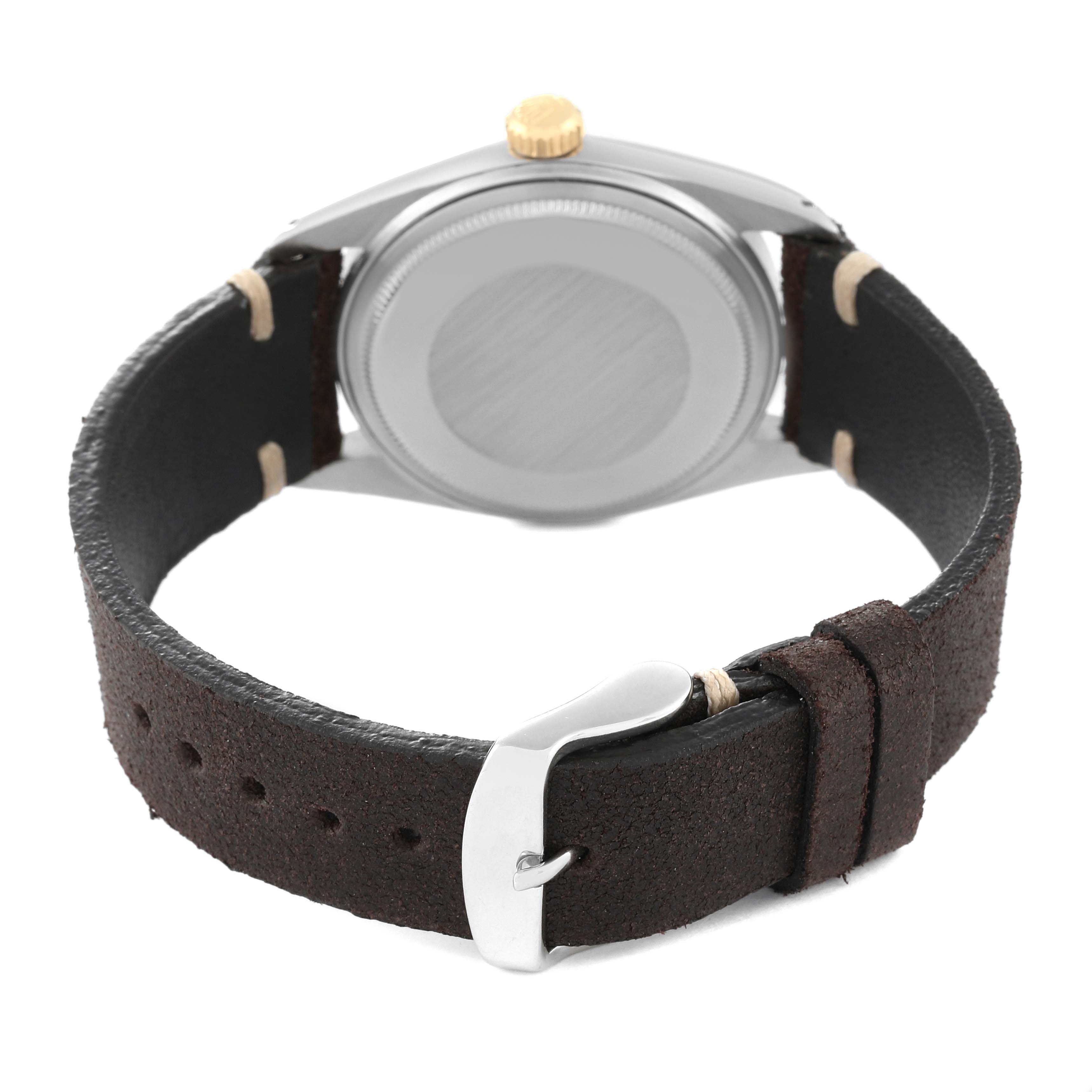 This image shows the back case and leather strap of the Rolex Vintage Collection 1601 Men's Steel and Gold (two tone) Silver Dial 1601 Men's Steel and Gold (two tone) Silver Dial watch, viewed from the rear angle.