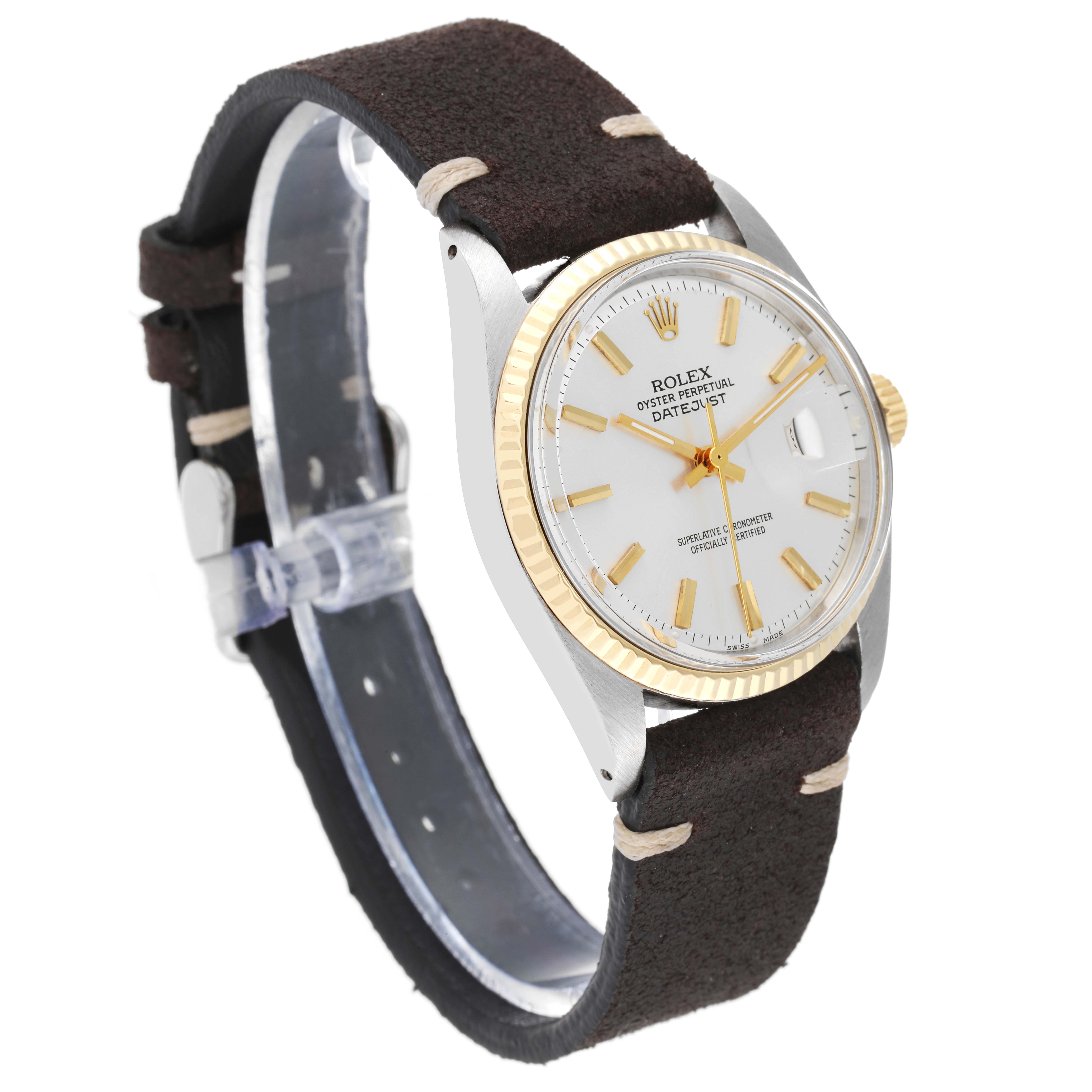 The image shows a side-angle view of the Vintage Collection Rolex Datejust watch, featuring a brown strap and gold bezel.