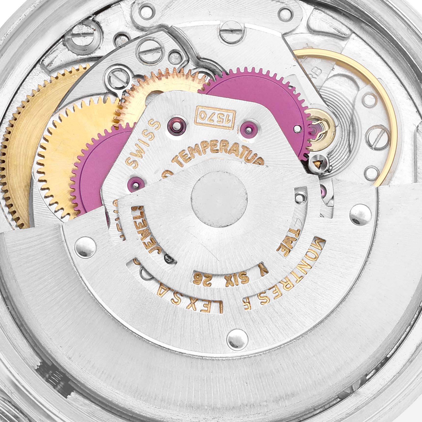 The image shows the detailed internal mechanism of a Rolex Vintage Collection 1601 Men's Steel and Gold (two tone) Silver Dial 1601 Men's Steel and Gold (two tone) Silver Dial watch from a macro angle.
