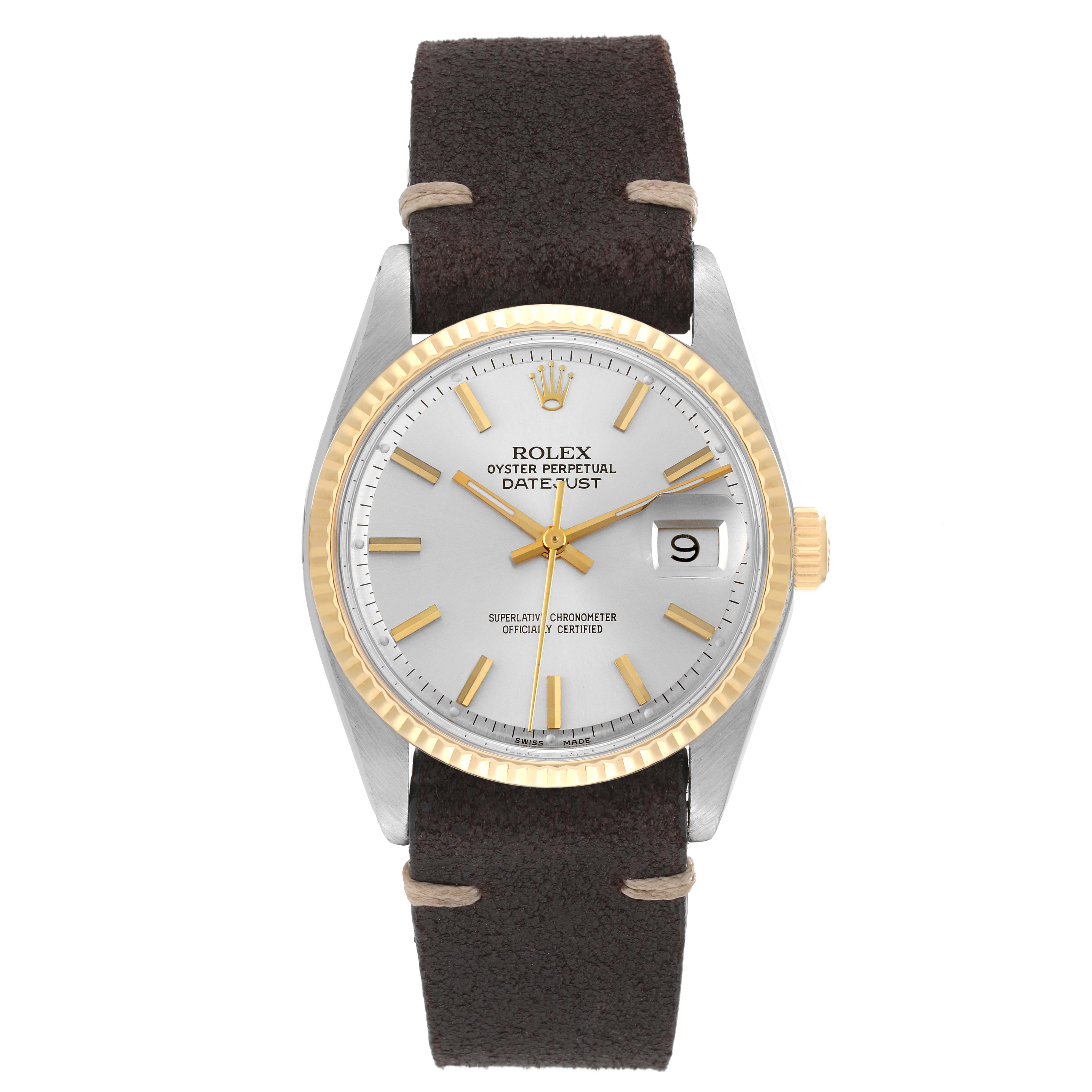 This image shows a front view of the Rolex Vintage Collection 1601 Men's Steel and Gold (two tone) Silver Dial 1601 Men's Steel and Gold (two tone) Silver Dial model, featuring the dial, bezel, crown, and strap.