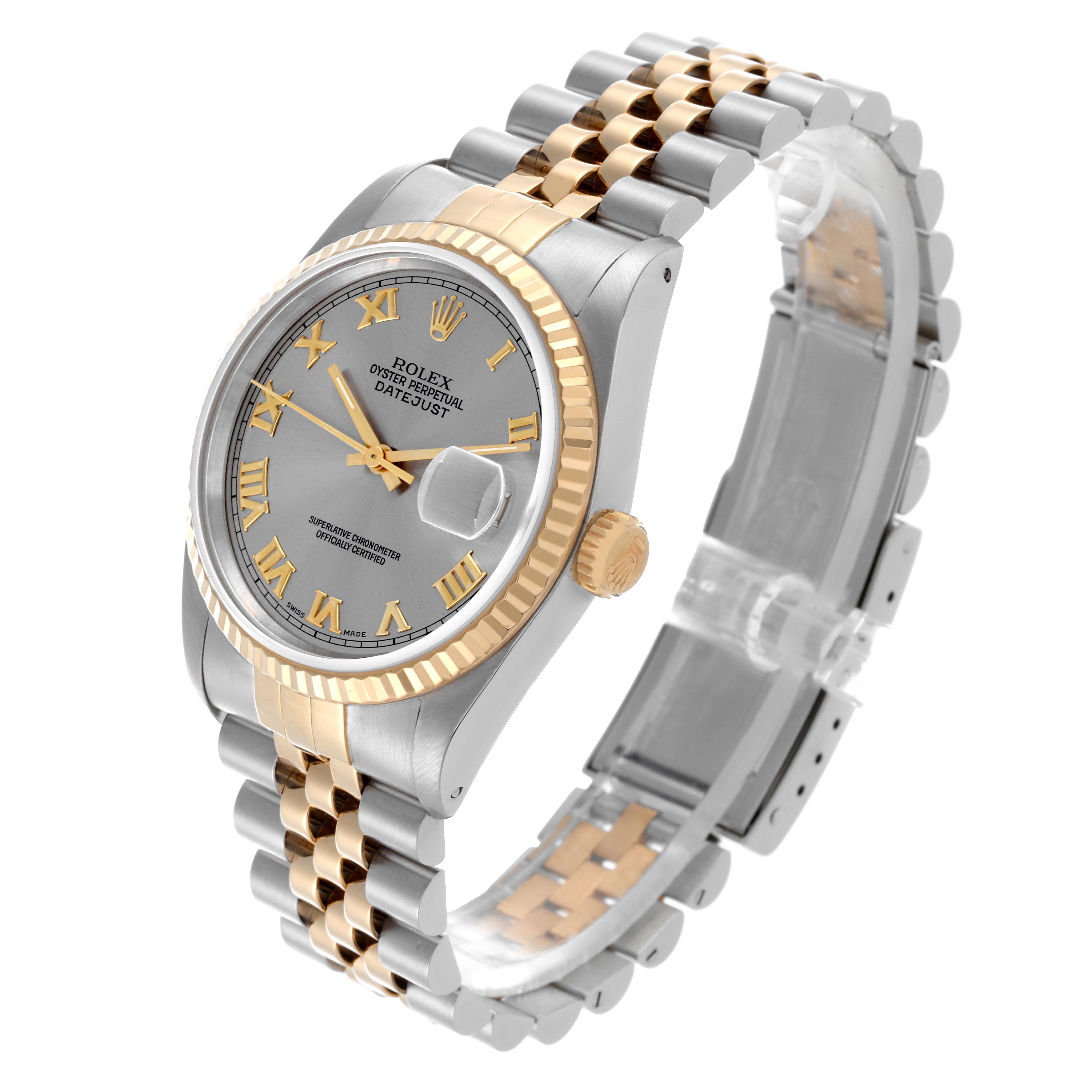The Rolex Datejust 16233 Men's Steel and Gold (two tone) Grey Dial 16233 Men's Steel and Gold (two tone) Grey Dial watch is shown at a three-quarter angle highlighting the face, bezel, and Jubilee bracelet.