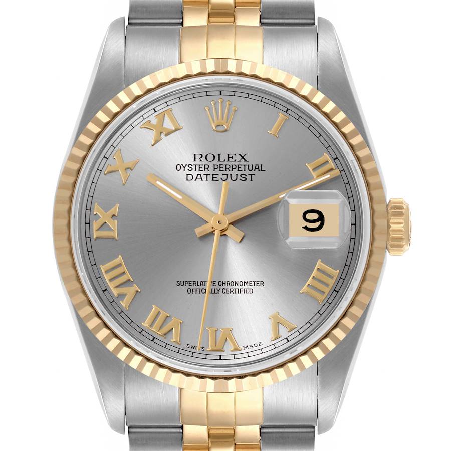 The Rolex Datejust watch is shown from a front angle, displaying the dial, bezel, date, and part of the bracelet.