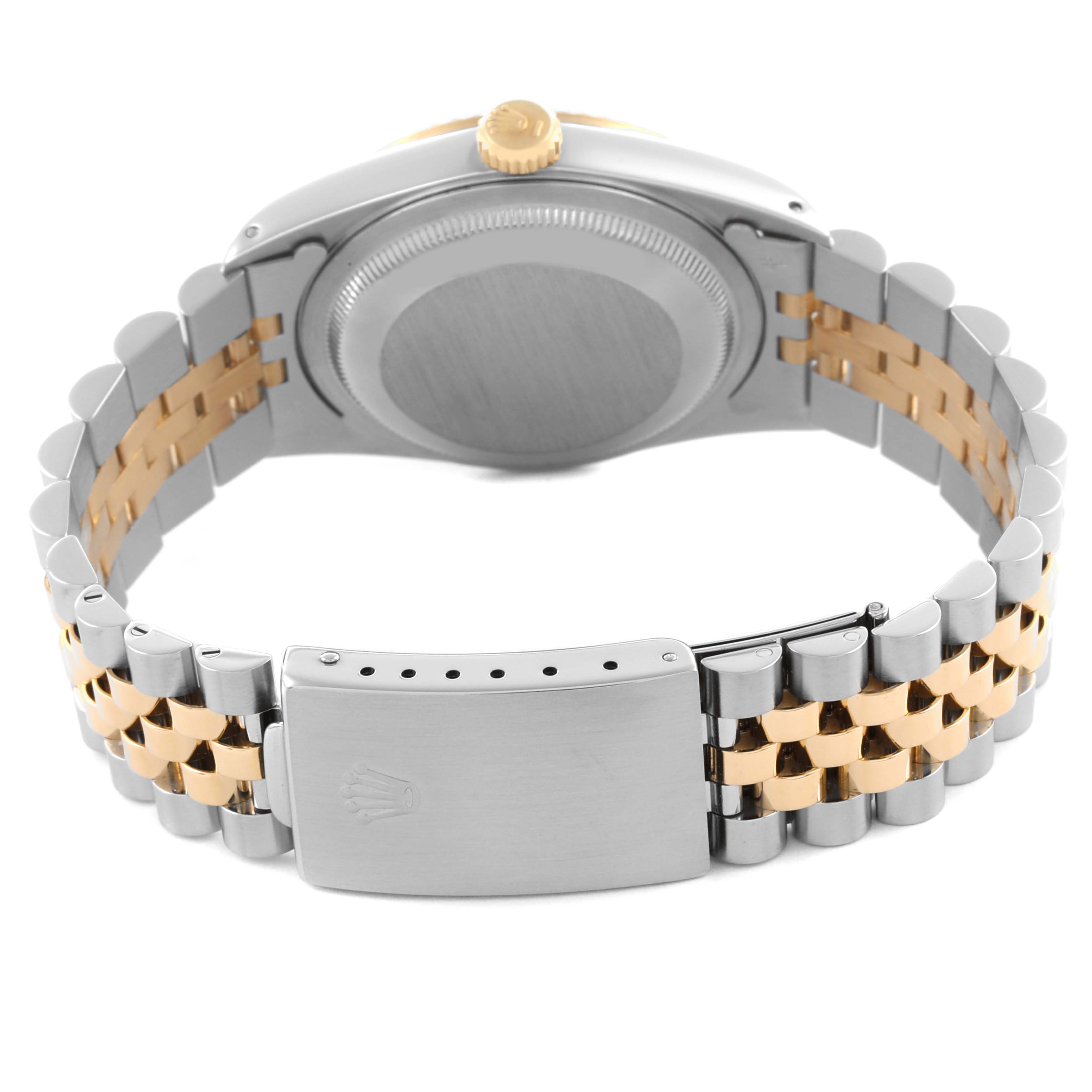 The image shows the back view of a Rolex Datejust 16233 Men's Steel and Gold (two tone) Grey Dial 16233 Men's Steel and Gold (two tone) Grey Dial watch, depicting the bracelet, clasp, and back of the case.