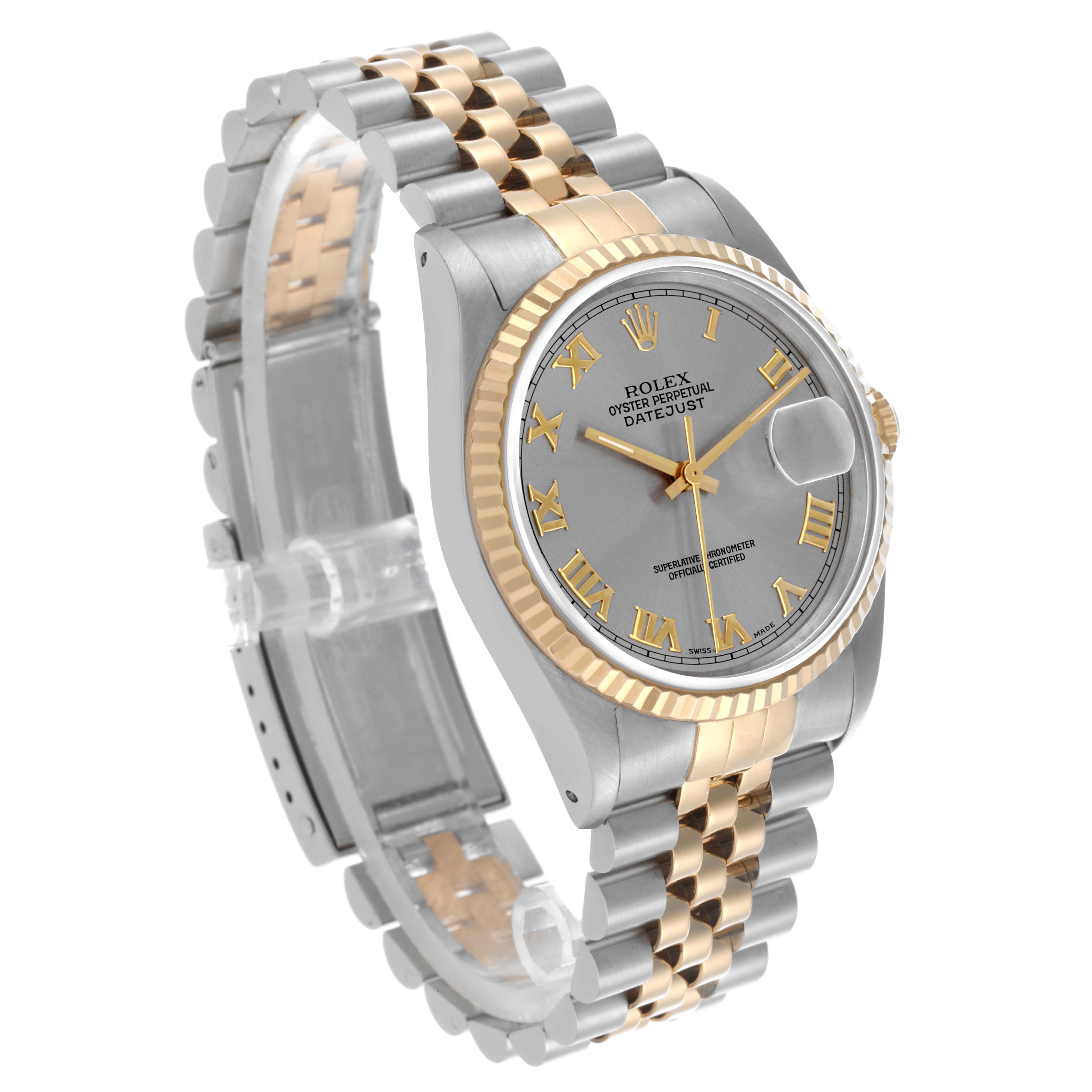 The Rolex Datejust 16233 Men's Steel and Gold (two tone) Grey Dial 16233 Men's Steel and Gold (two tone) Grey Dial watch is shown in a side angle, highlighting the bezel, dial, and two-tone bracelet.