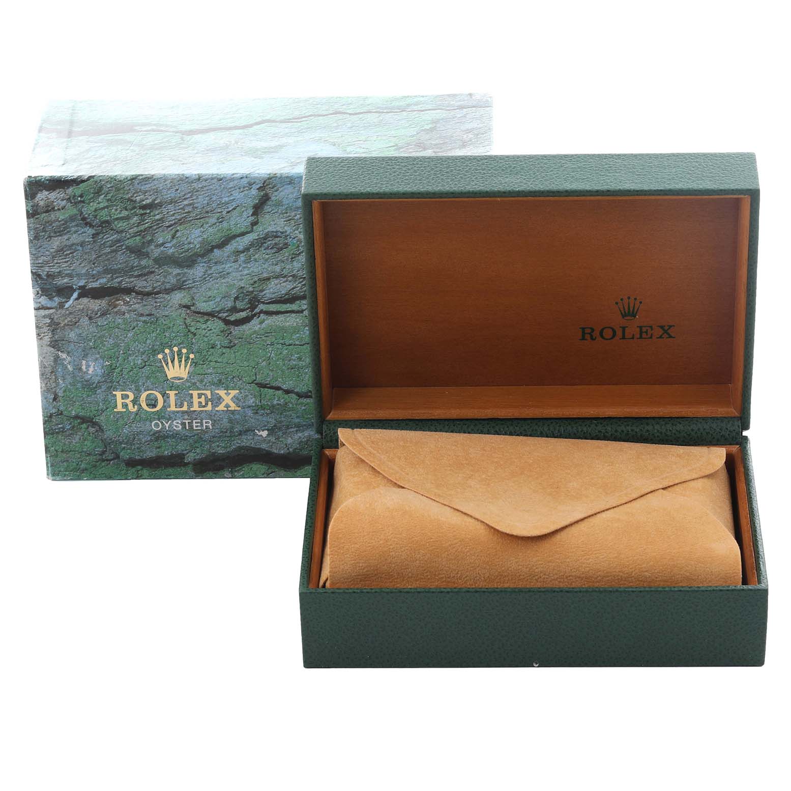 The image shows the packaging and case for a Rolex Datejust 16233 Men's Steel and Gold (two tone) Grey Dial 16233 Men's Steel and Gold (two tone) Grey Dial watch, featuring an opened box and a suede pouch.