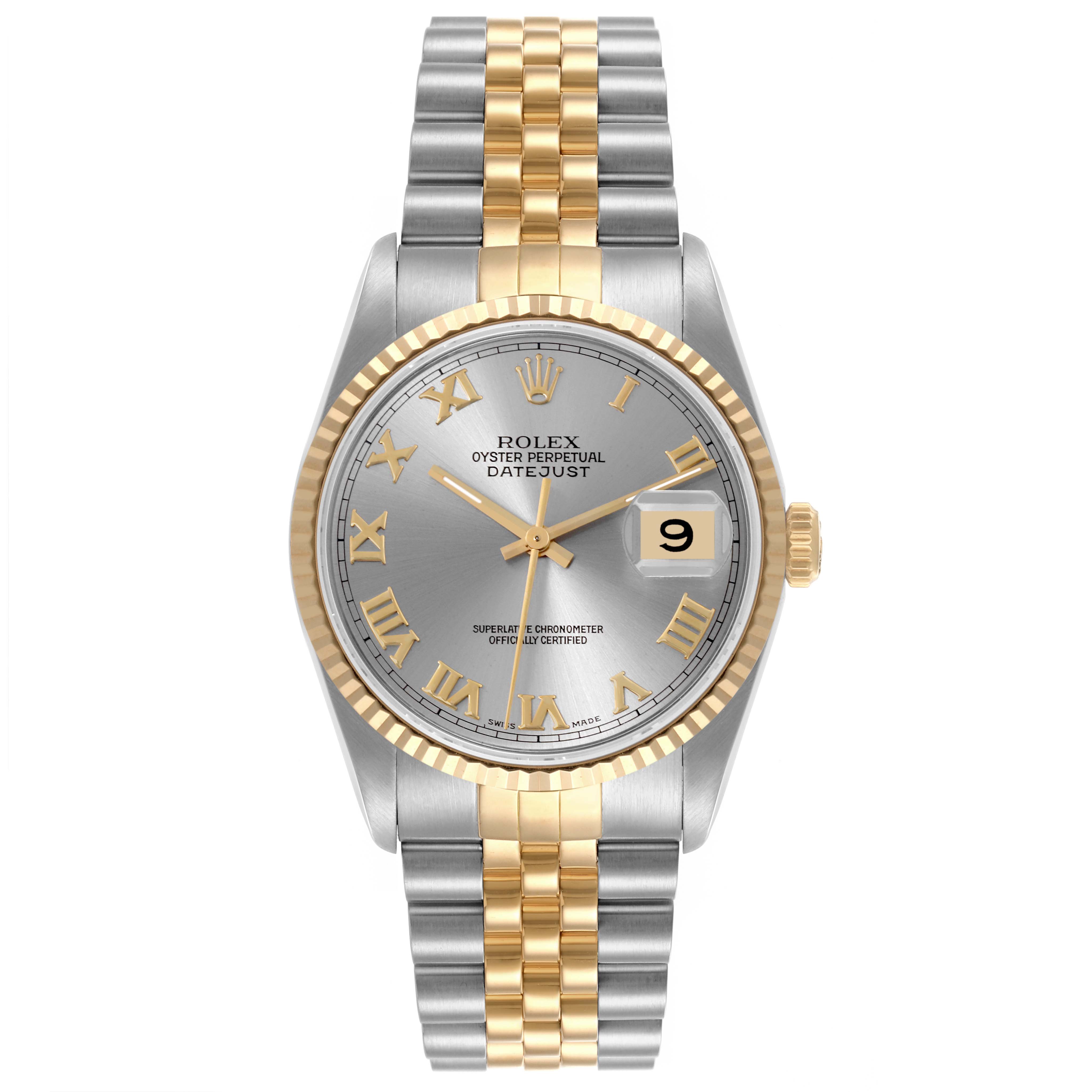 The Rolex Datejust 16233 Men's Steel and Gold (two tone) Grey Dial 16233 Men's Steel and Gold (two tone) Grey Dial watch is shown from a top-down angle, displaying the dial, bezel, and bracelet.