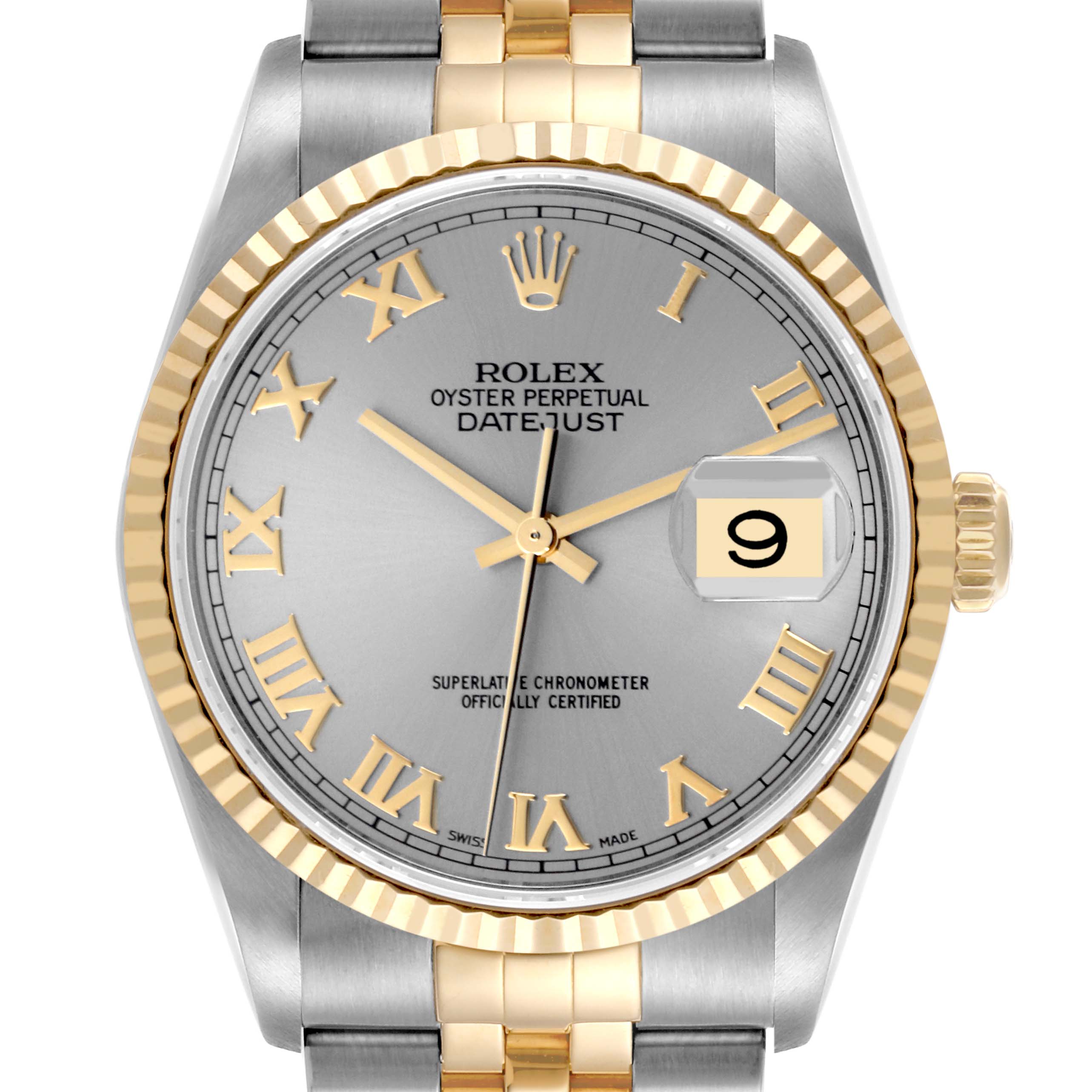 The Rolex Datejust 16233 Men's Steel and Gold (two tone) Grey Dial 16233 Men's Steel and Gold (two tone) Grey Dial watch displays a frontal view highlighting its face, bezel, bracelet, and dial.