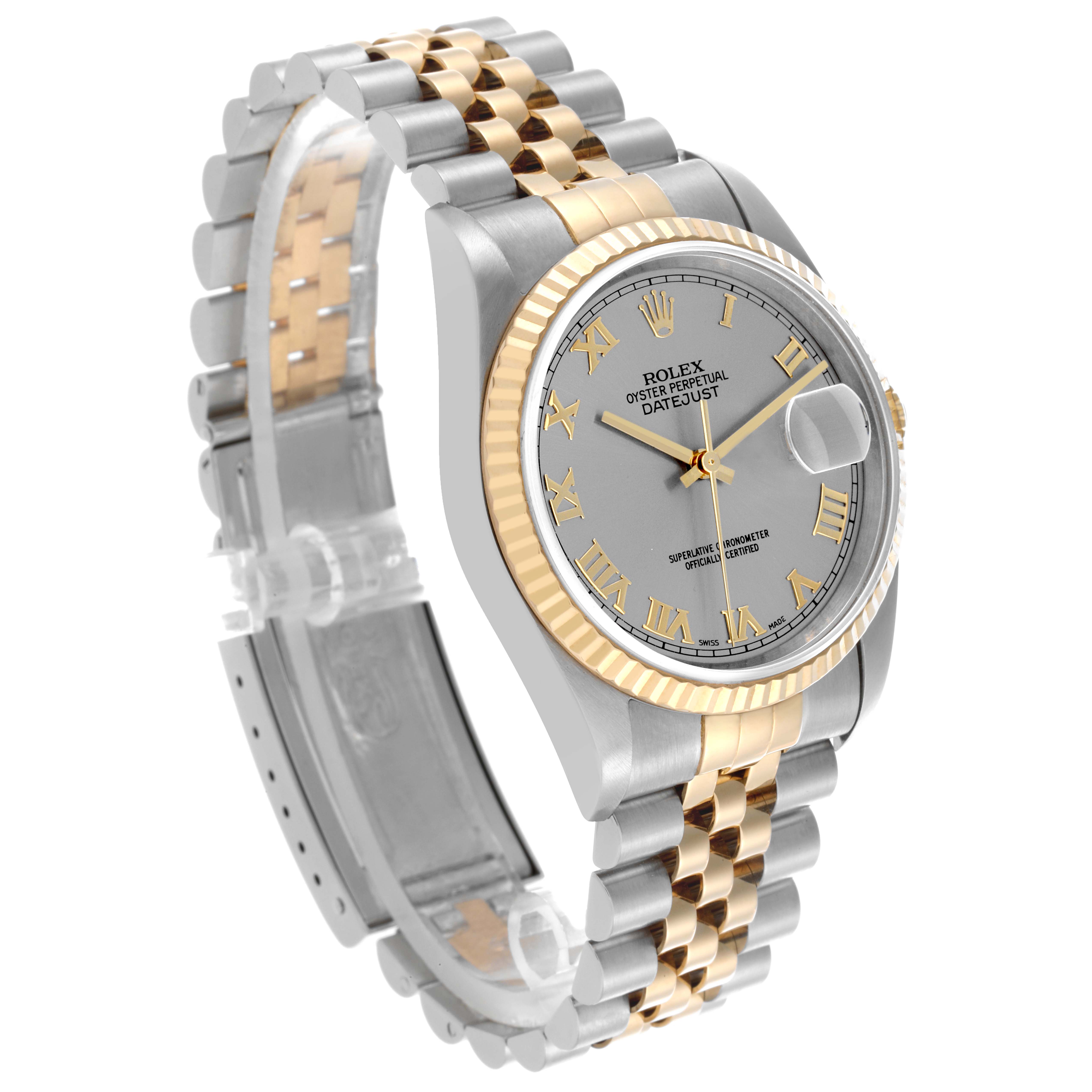 The Rolex Datejust 16233 Men's Steel and Gold (two tone) Grey Dial 16233 Men's Steel and Gold (two tone) Grey Dial watch is shown at a three-quarter angle, highlighting the dial, bezel, and two-tone bracelet.