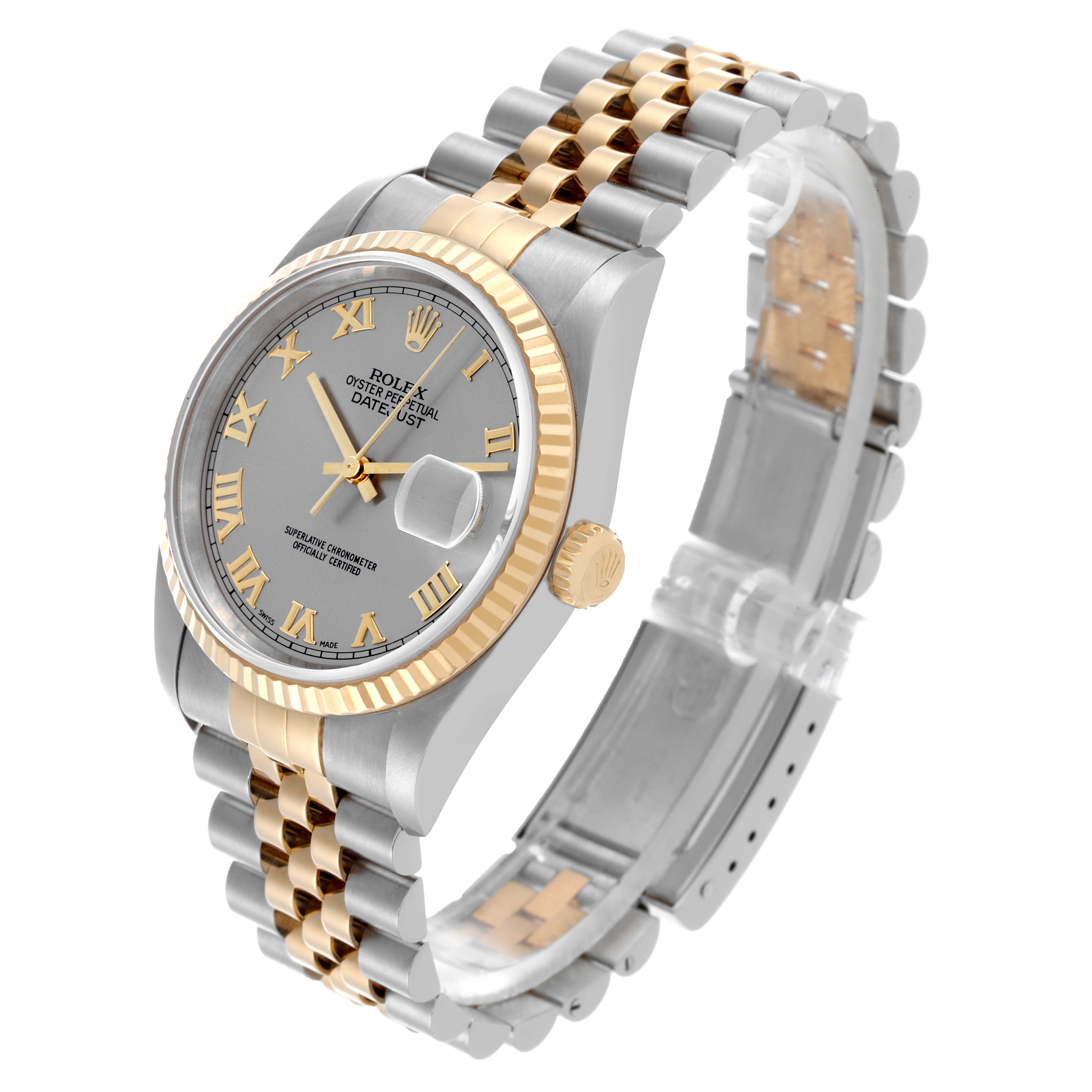 The Rolex Datejust 16233 Men's Steel and Gold (two tone) Grey Dial 16233 Men's Steel and Gold (two tone) Grey Dial watch is shown at three-quarters angle, highlighting the dial, bezel, bracelet, and crown.