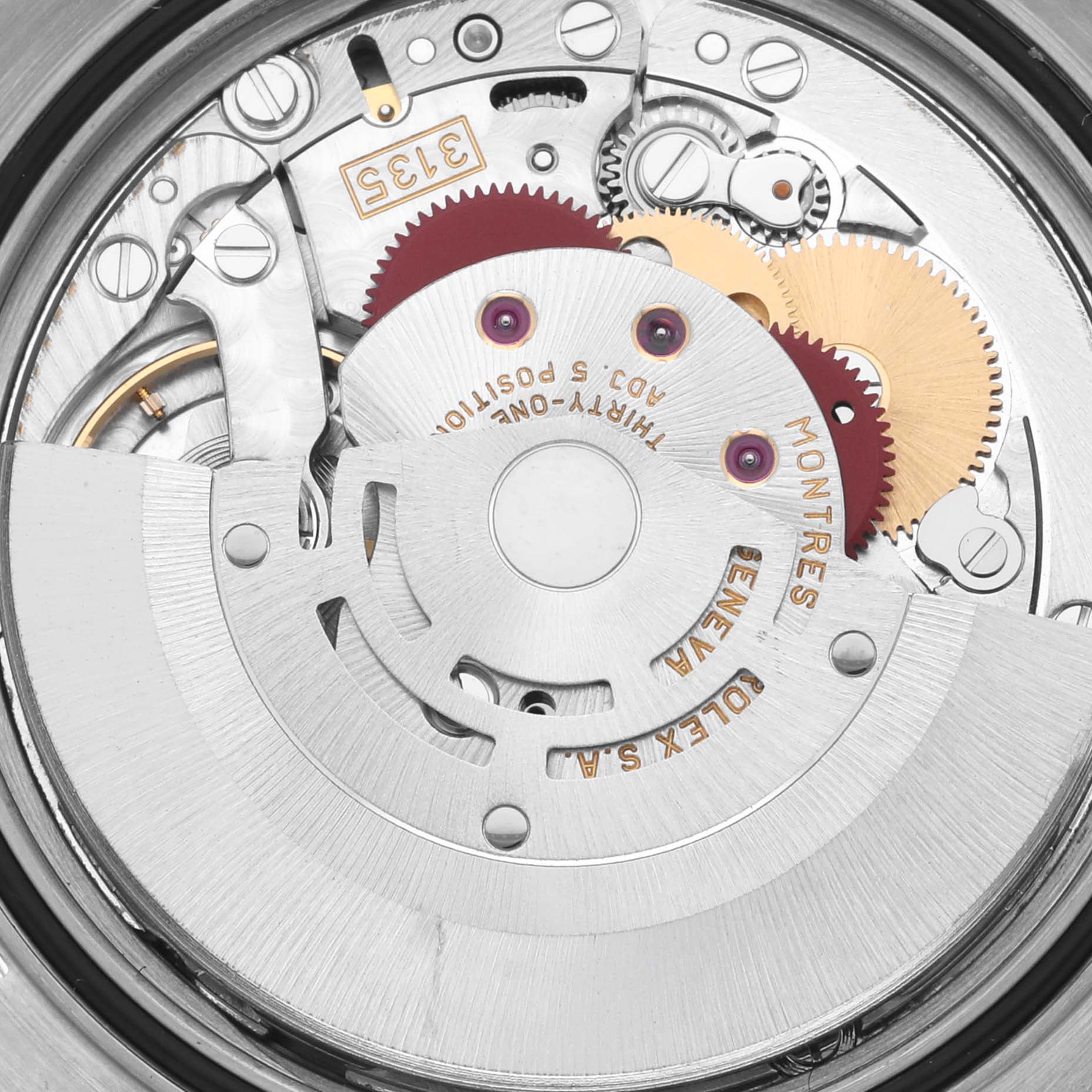 This image shows a close-up view of the rotor and gears inside the Rolex Datejust 16233 Men's Steel and Gold (two tone) Grey Dial 16233 Men's Steel and Gold (two tone) Grey Dial watch movement.