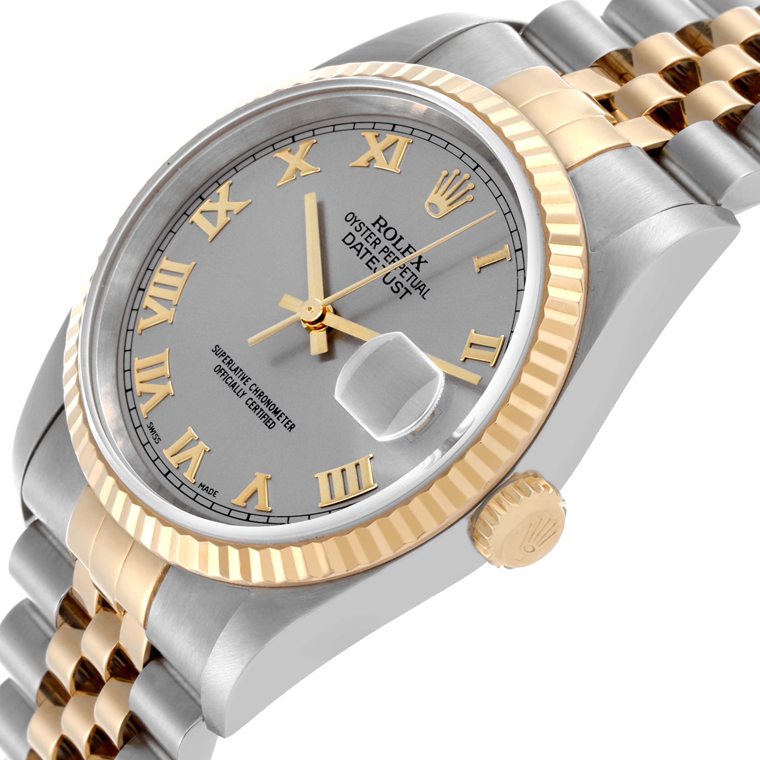 The Rolex Datejust 16233 Men's Steel and Gold (two tone) Grey Dial 16233 Men's Steel and Gold (two tone) Grey Dial watch is shown at an angled view, highlighting the dial, fluted bezel, crown, and part of the bracelet.