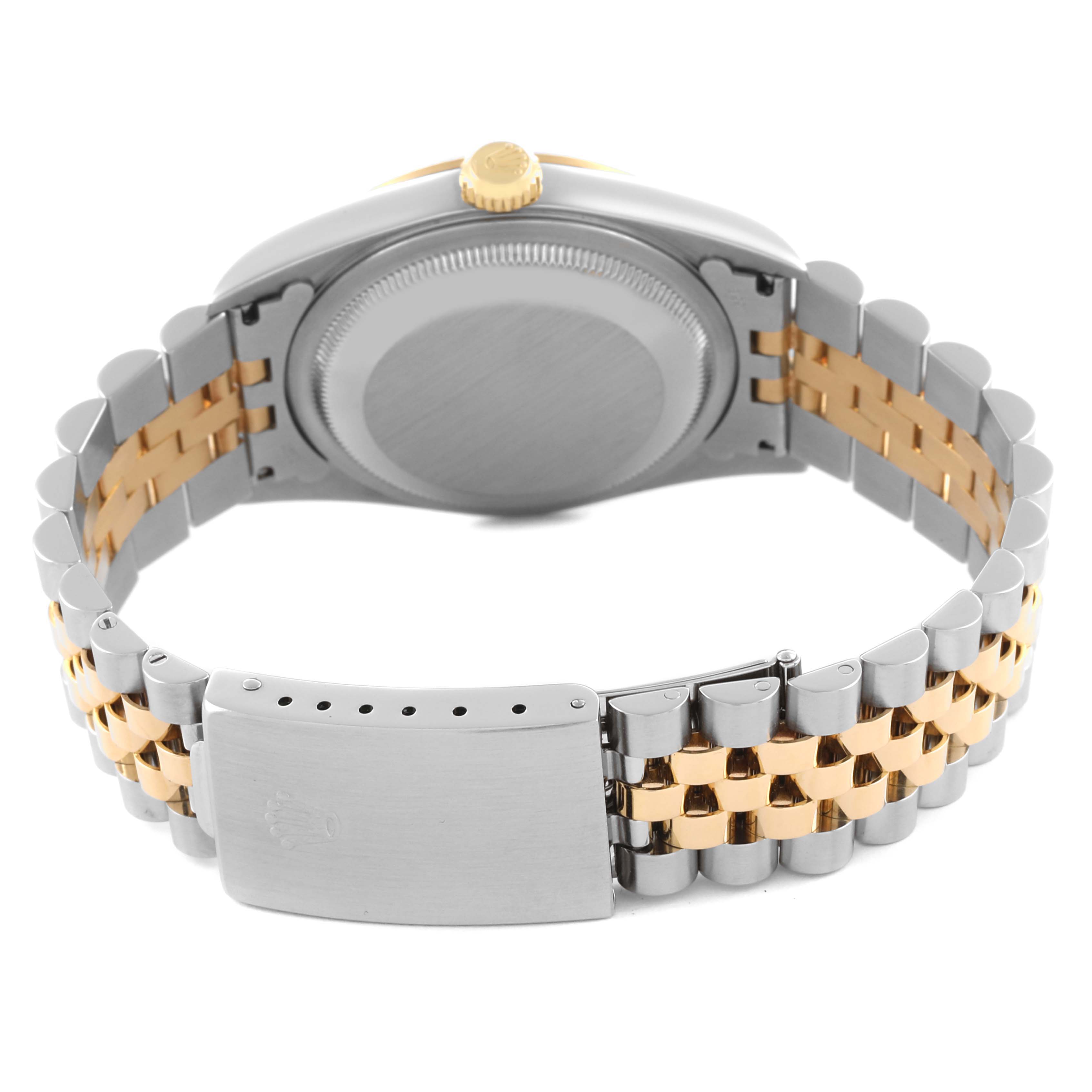 The image shows the back, clasp, and bracelet of a Rolex Datejust 16233 Men's Steel and Gold (two tone) Grey Dial 16233 Men's Steel and Gold (two tone) Grey Dial watch at an angle, highlighting the two-tone metal design.