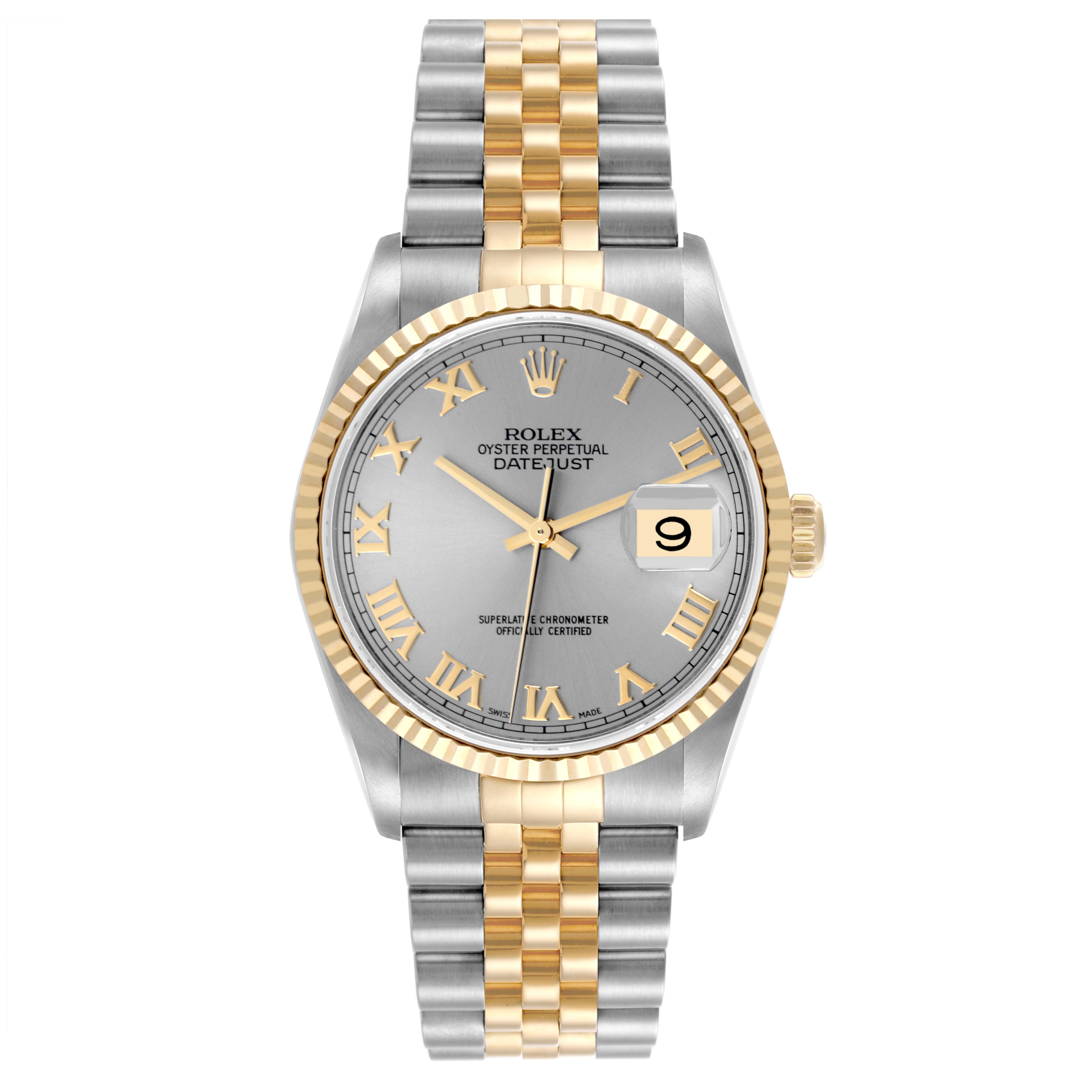 The Rolex Datejust 16233 Men's Steel and Gold (two tone) Grey Dial 16233 Men's Steel and Gold (two tone) Grey Dial watch is shown from a front angle, displaying its face, bezel, and bracelet.