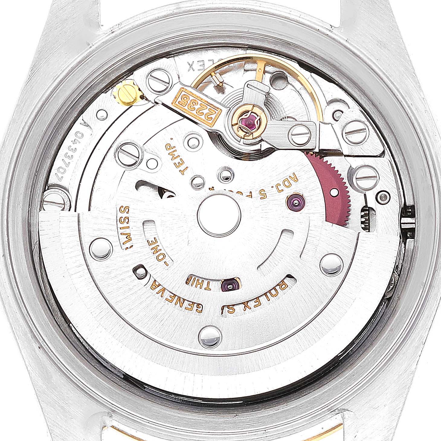 The image shows the internal mechanism of a Rolex Datejust 79163 Women's Steel and Gold (two tone) Grey Dial 79163 Women's Steel and Gold (two tone) Grey Dial watch from a top-down angle.
