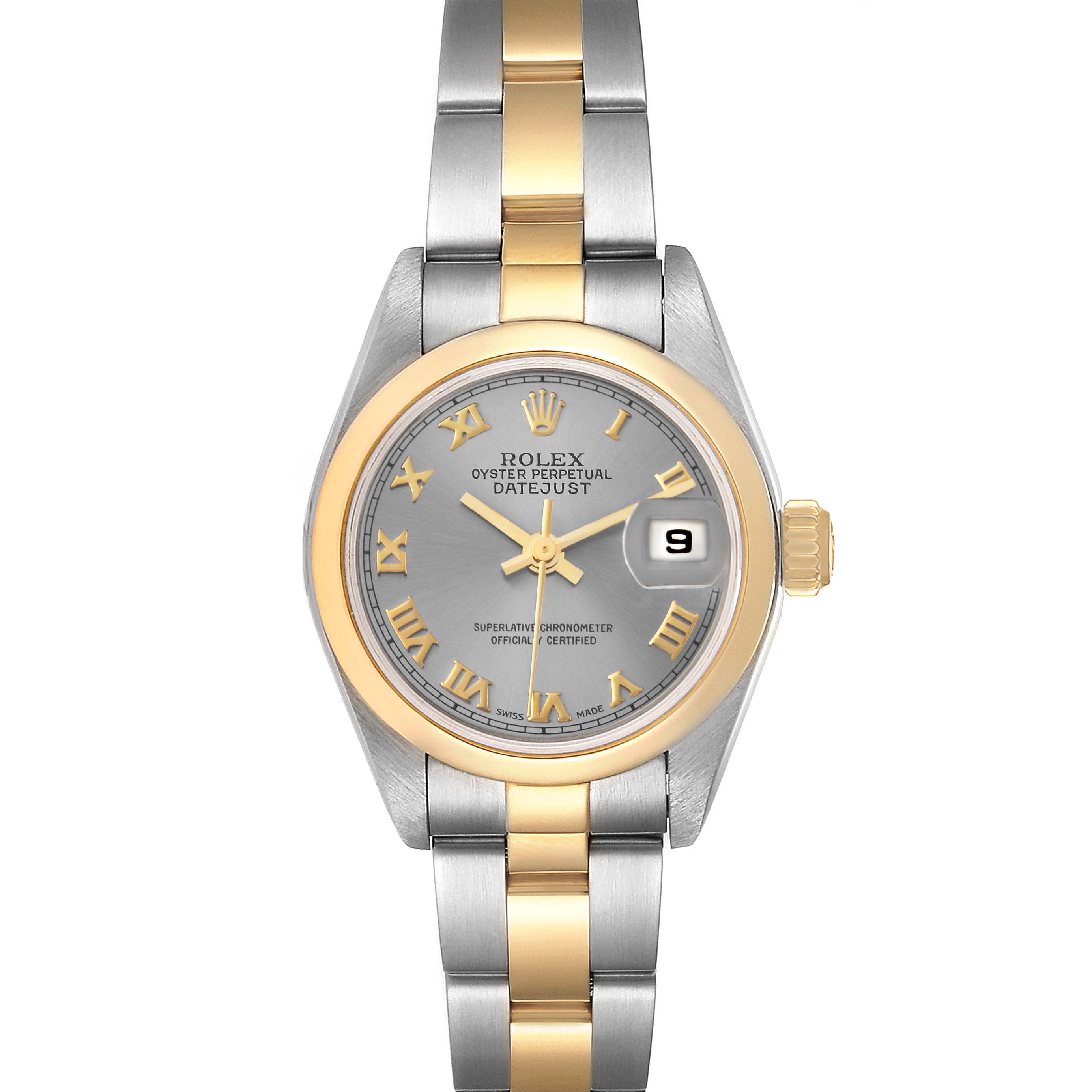 The image shows a Rolex Datejust 79163 Women's Steel and Gold (two tone) Grey Dial 79163 Women's Steel and Gold (two tone) Grey Dial watch from a front view, highlighting the two-tone bracelet, dial, and date window at 3 o'clock.